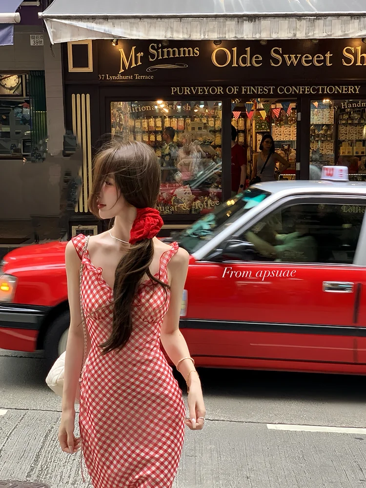 Reatio Ripe Cherry Red Suspender Fishtail Skirt Women'S Summer Waist Slimming Dress