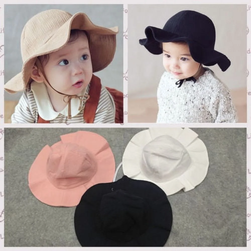 Toddler Kids Baby Girls Boys Sun Hat Solid Color Cap Ruffled Wide Brim Bucket Hat Adjustable Beach Hats