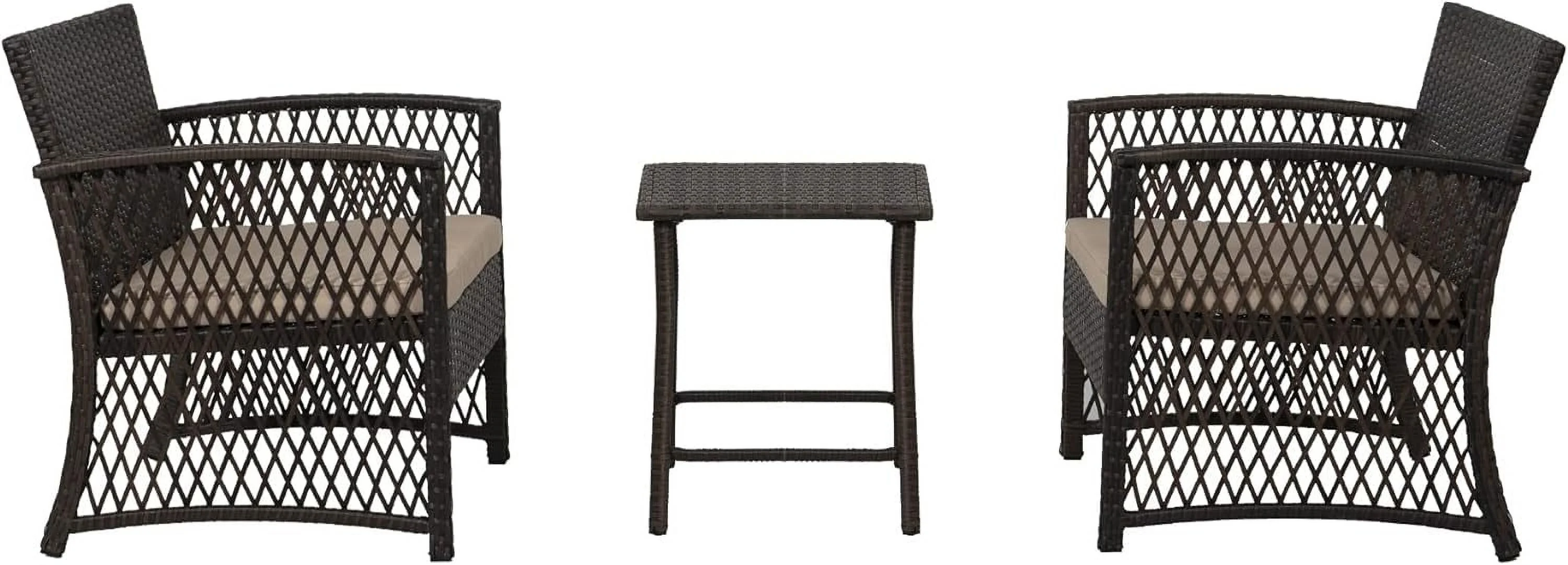 WO 3 Piece Set Coffee Color Base Outdoor/Patio Wicker Rattan Chair Set With Cushions And A Side Table (2 Seater) (Coffee/Beige)