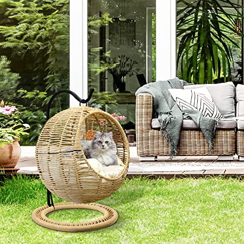 Wicker Cat Bed Indoors & Outdoors, Hand Made Cat Swing Bed with Removable Cushion & Hanging Ball, Washable Pet Swing for Cat, Small Dog, Small Animals