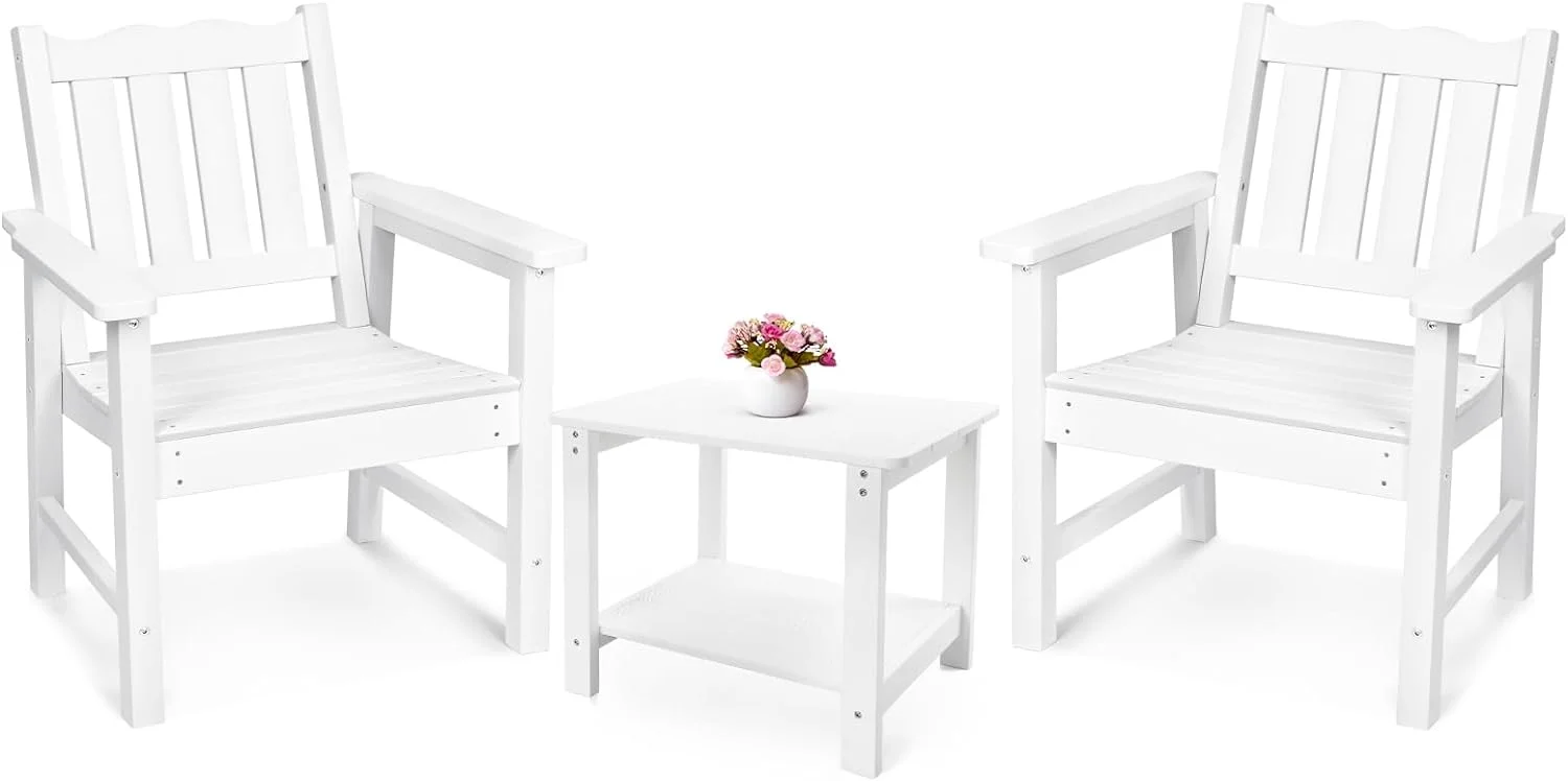 3 Piece Patio Dining Sets, All-Weather Patio Chairs with Curved Backrest, Include 2 Garden Chairs and 1 Side Table, White