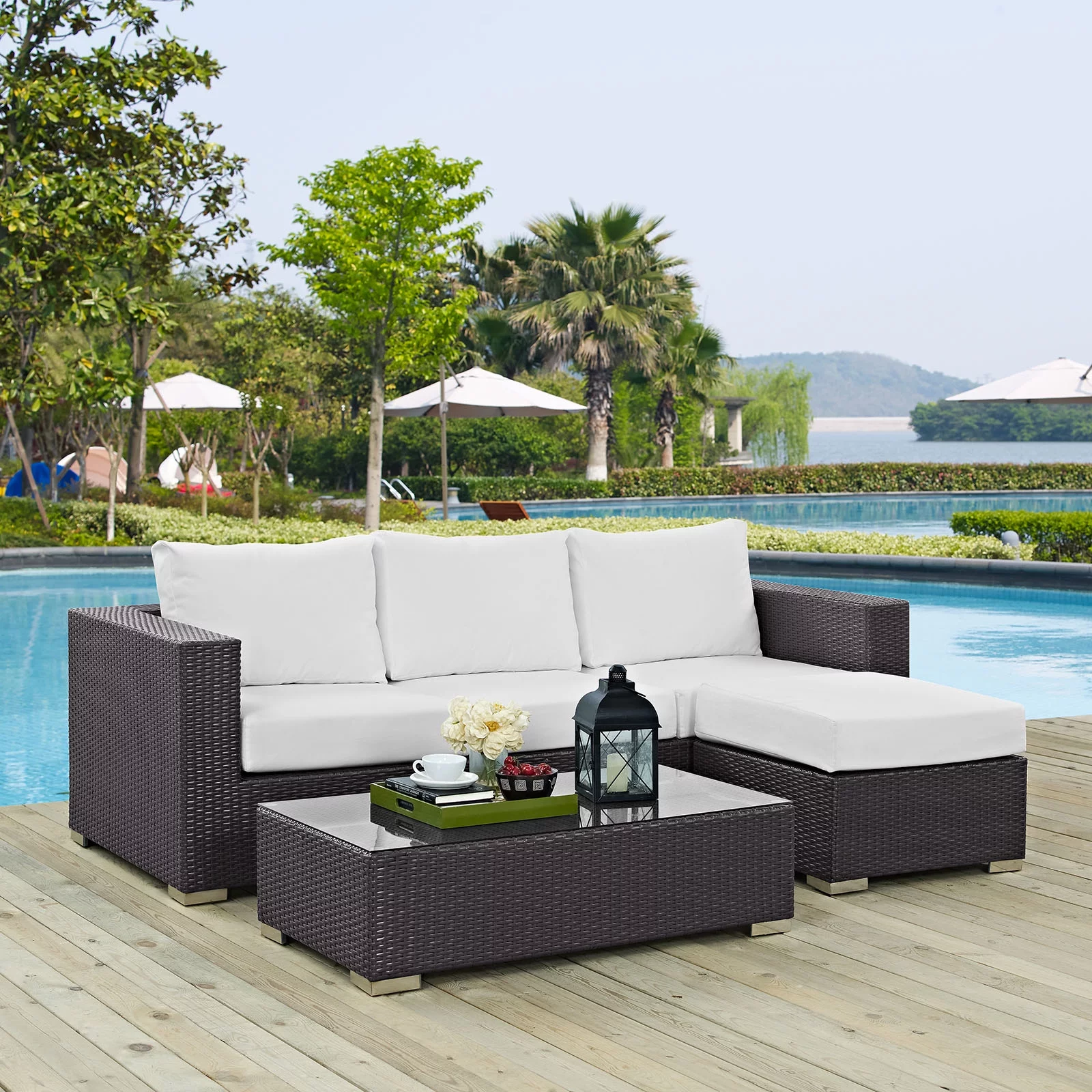 Modern Contemporary Urban Design Outdoor Patio Balcony Three PCS Sofa Set, White, Rattan