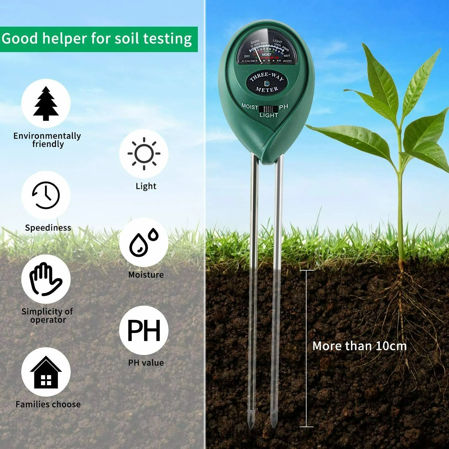 imUfer Soil Detector Home Test Soil Nutrients Moisture Dry And Humidity Three-In-One For Garden Plants Flowers Moisture Light PH Sensor Tool
