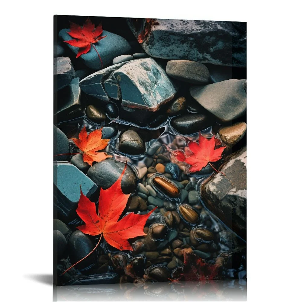 PIKWEEK Forest Canvas Wall Art Red and Black Bathroom Wall Decor Fall Pictures Mountain Waterfall Landscape Poster Tropical Tree Painting Nature Scenery Artwork for Living Room Bedroom Home