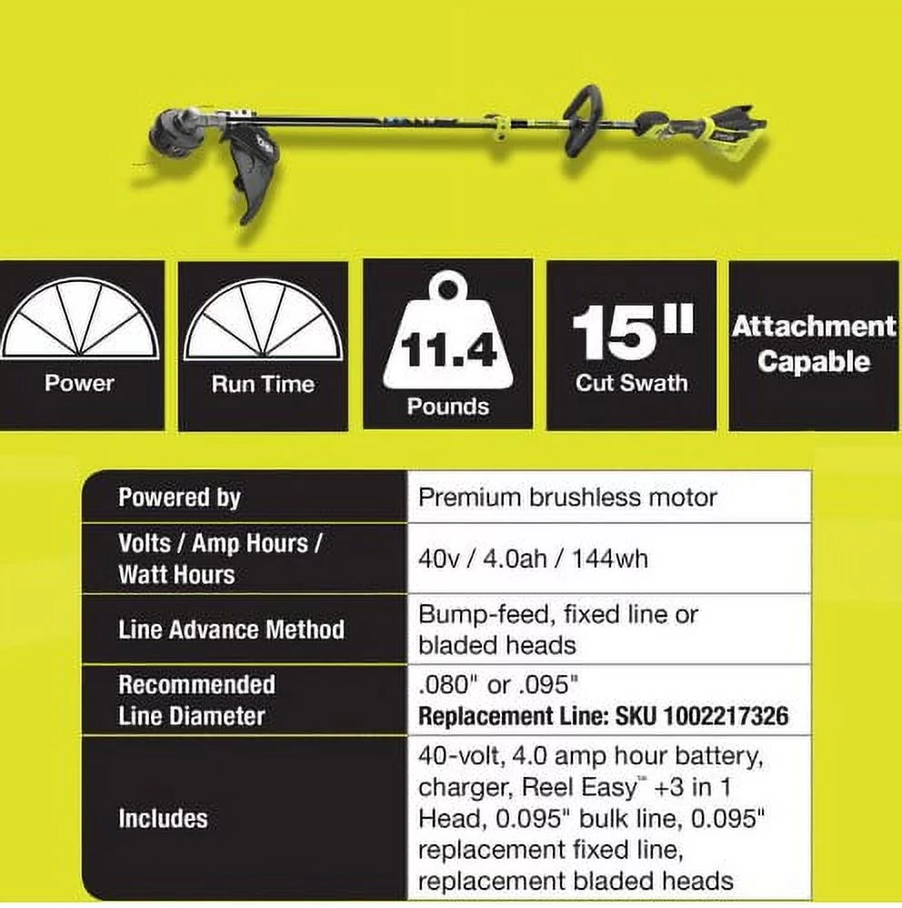 Ryobi 40-Volt Lithium-Ion Brushless Electric Cordless Attachment Capable String Trimmer 4.0 Ah Battery and Charger Included