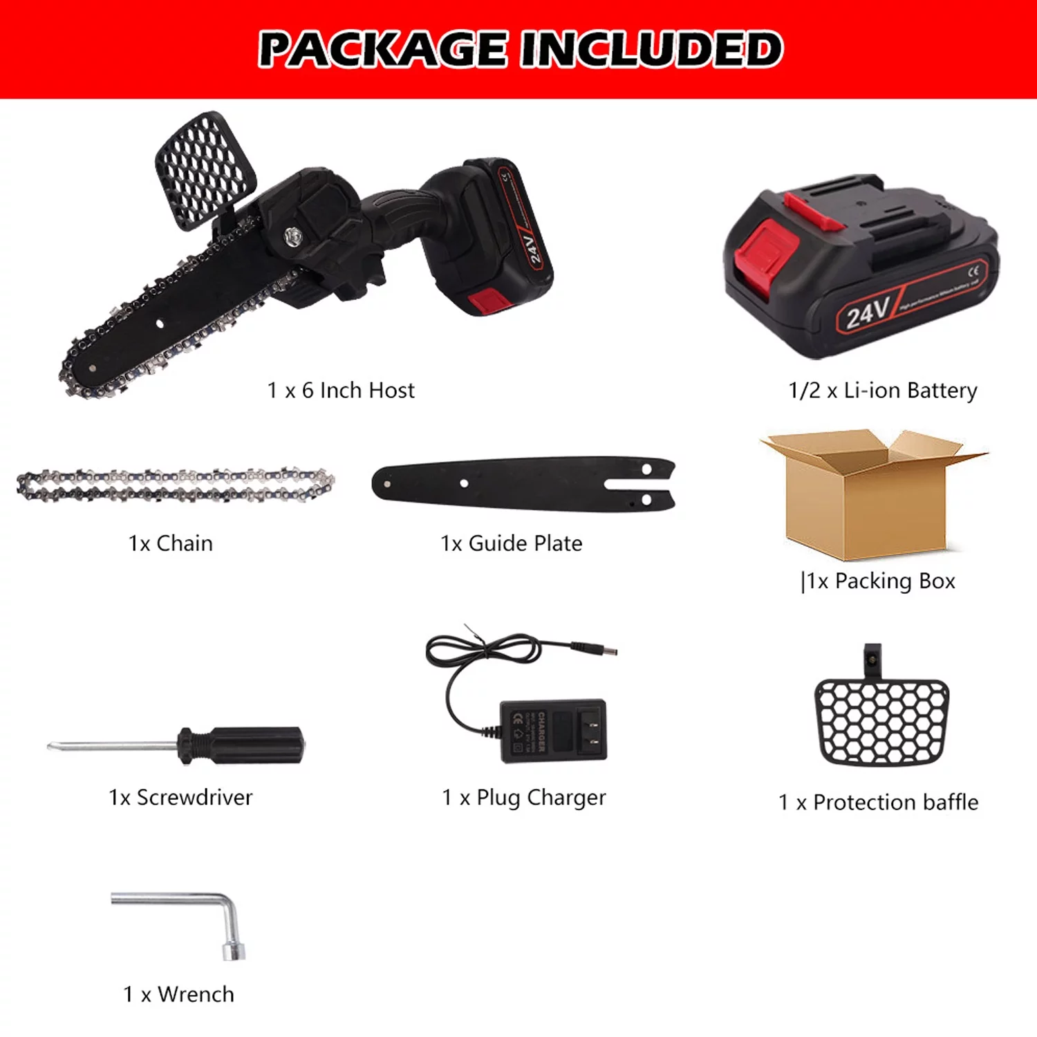 Xhy Electric Chainsaw 6 Inch 24V Battery Powered Outdoor Wireless One Hand Handheld Portable Logging Pruning Chain Saw Tool (2 Batteries)