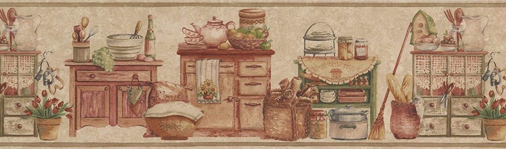 Concord Wallcoverings Wallpaper Border Kitchen Pattern Wooden Furniture Food Cookware Flowerpots Firewood in Baskets for Kitchen, Beige Brown Red Green ,7 Inches by 15 Feet BT77728