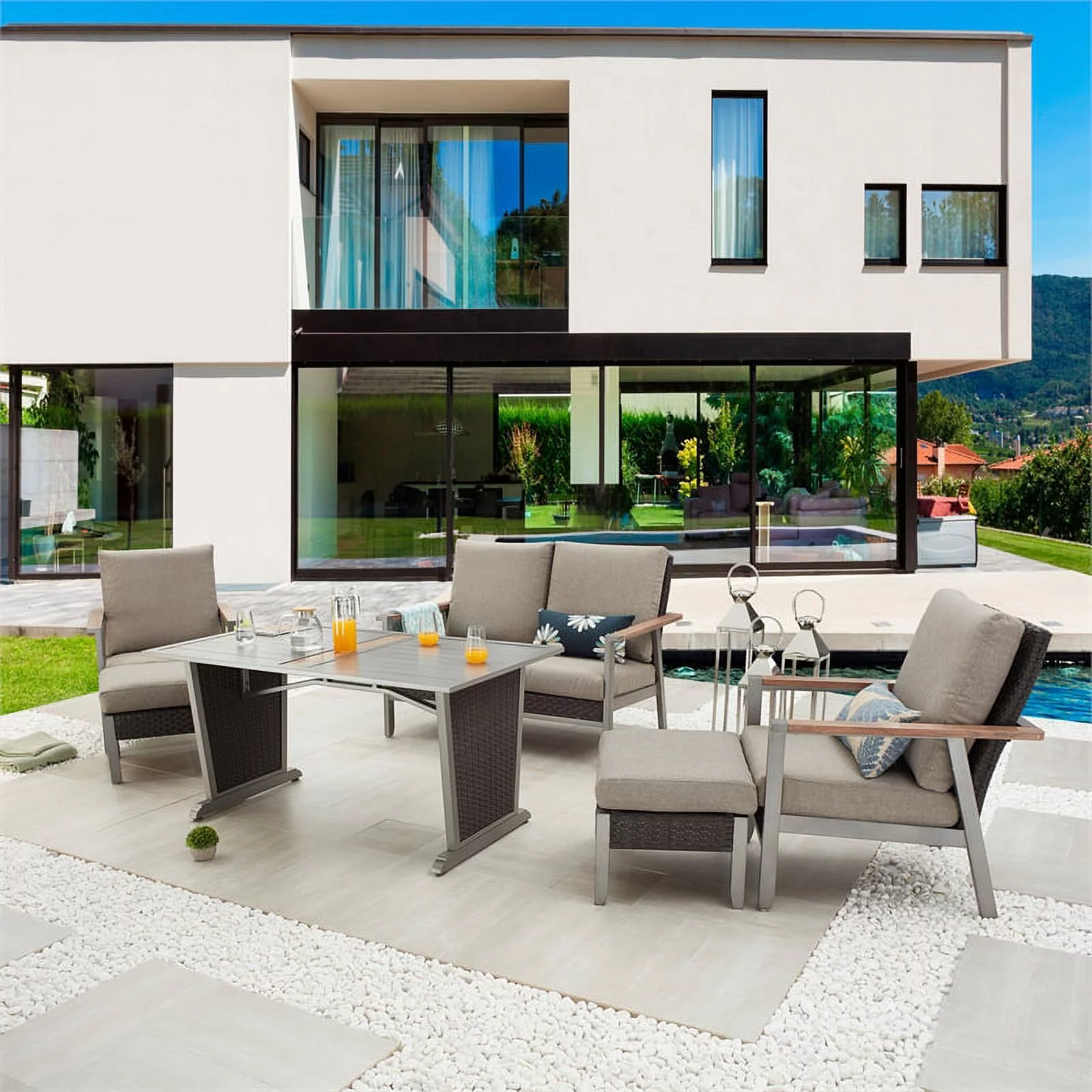 Patio Festival Thermal Transfer Metal 6-Piece Outdoor Dining Set in Gray & Beige