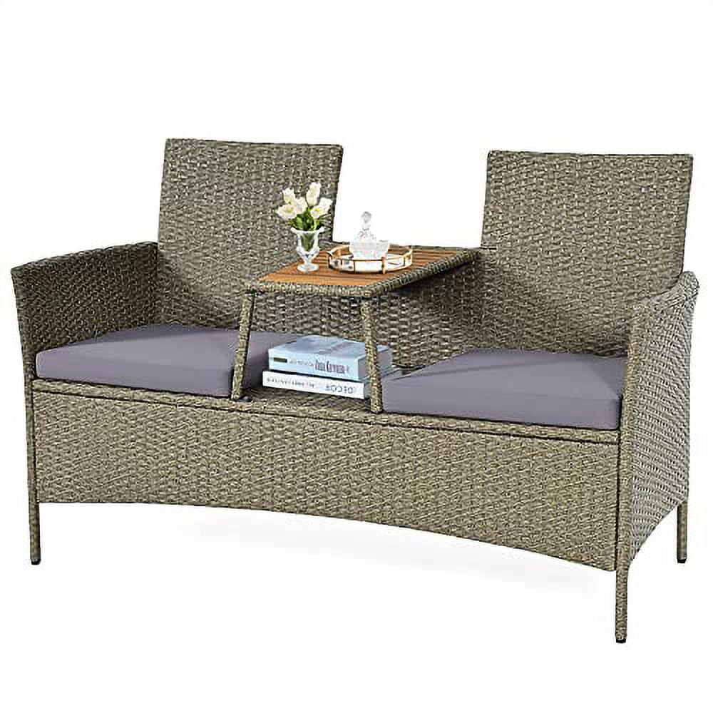 Hysache Patio Rattan Loveseat, Outdoor Wicker Conversation Set for 2-Person w/Removable Cushion & Built-in Table, Stylish Double Sofa Furniture Set w/Wood Tabletop & Storage Space for Backyard/Lawn