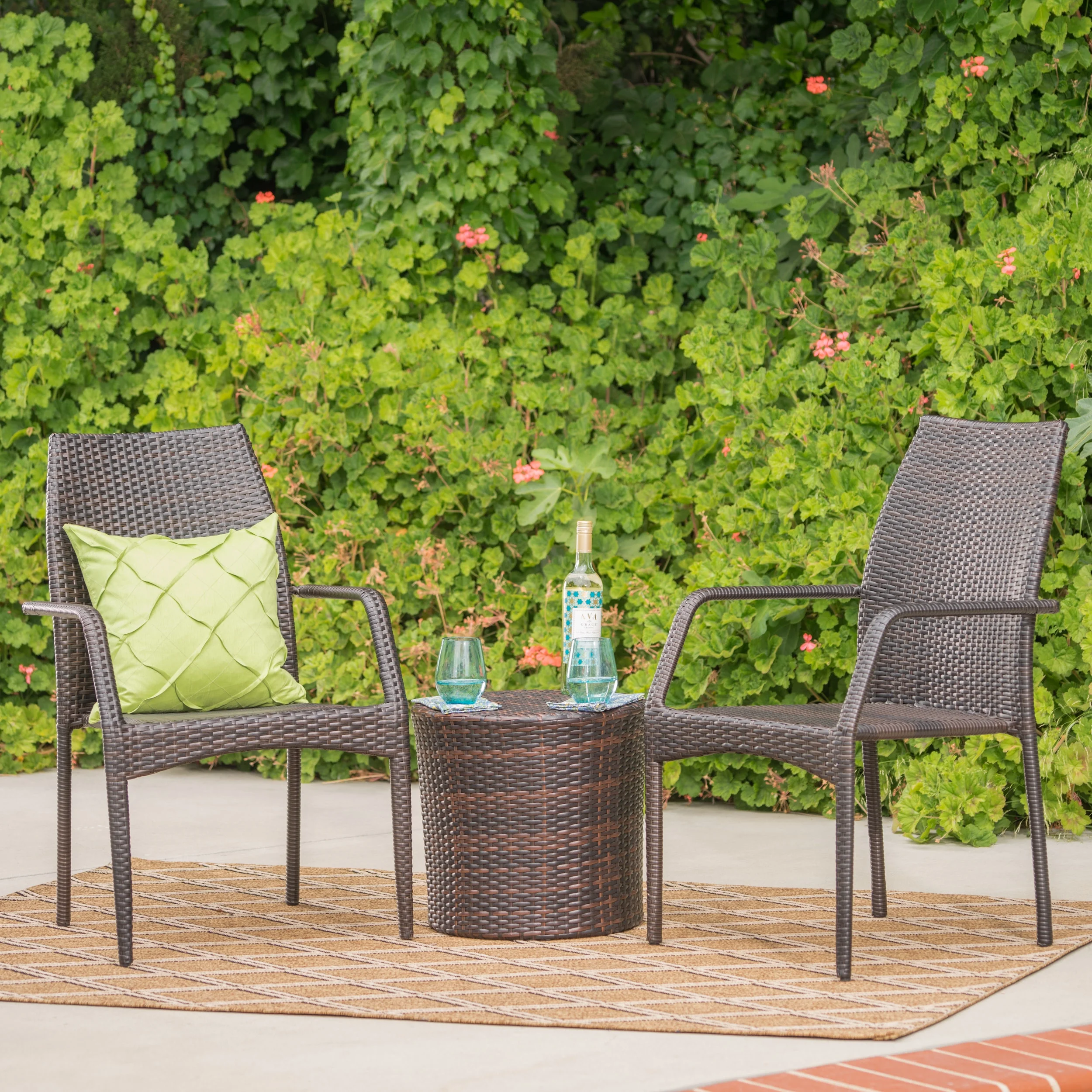 Darby Outdoor 3 Piece Wicker Stacking Chair Chat Set, Multibrown