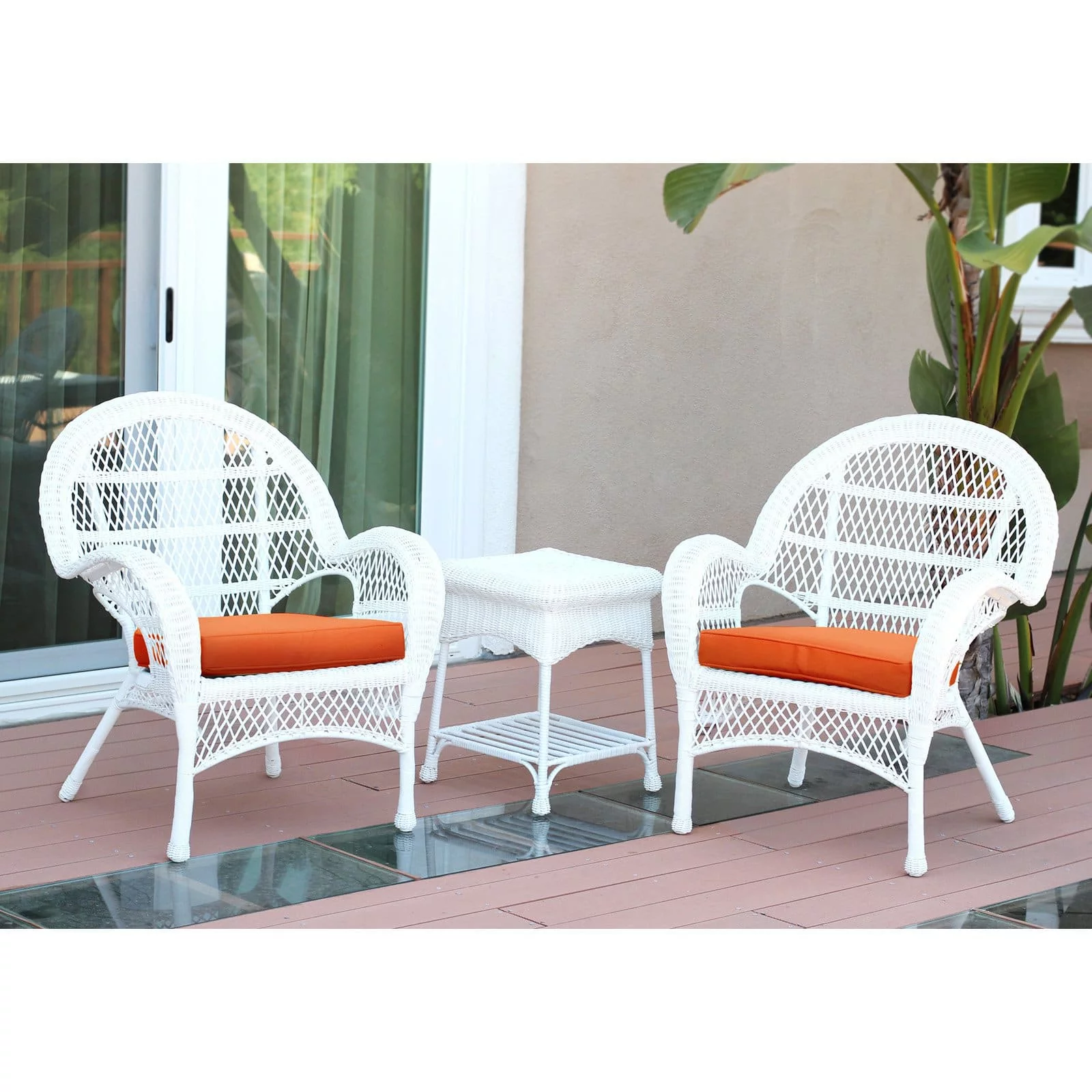 Jeco 3 Piece Wicker Conversation Set in White with Tan Cushions