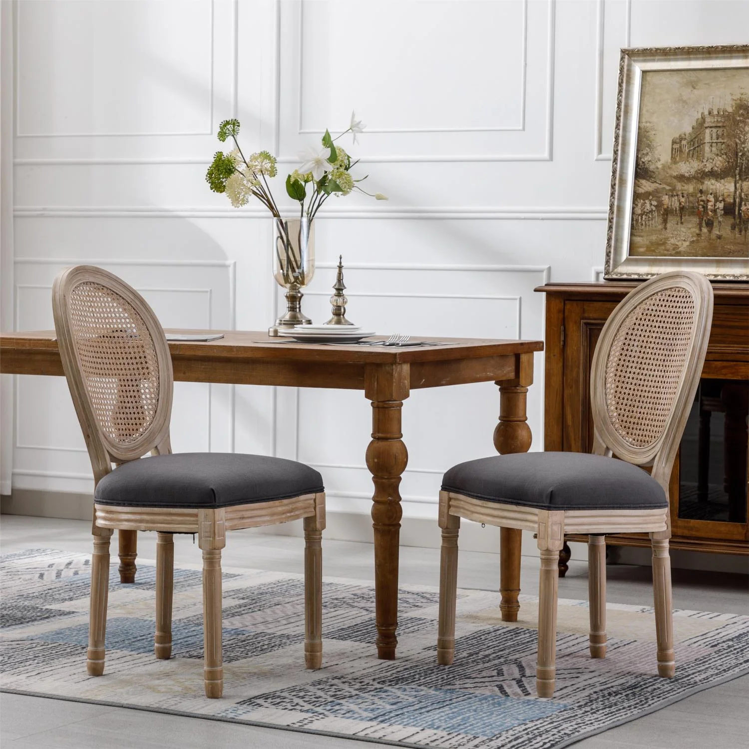 Set of 2 Elegant French Style Gray Linen Fabric Dining Chairs with Solid Wood Frame and Rattan Back