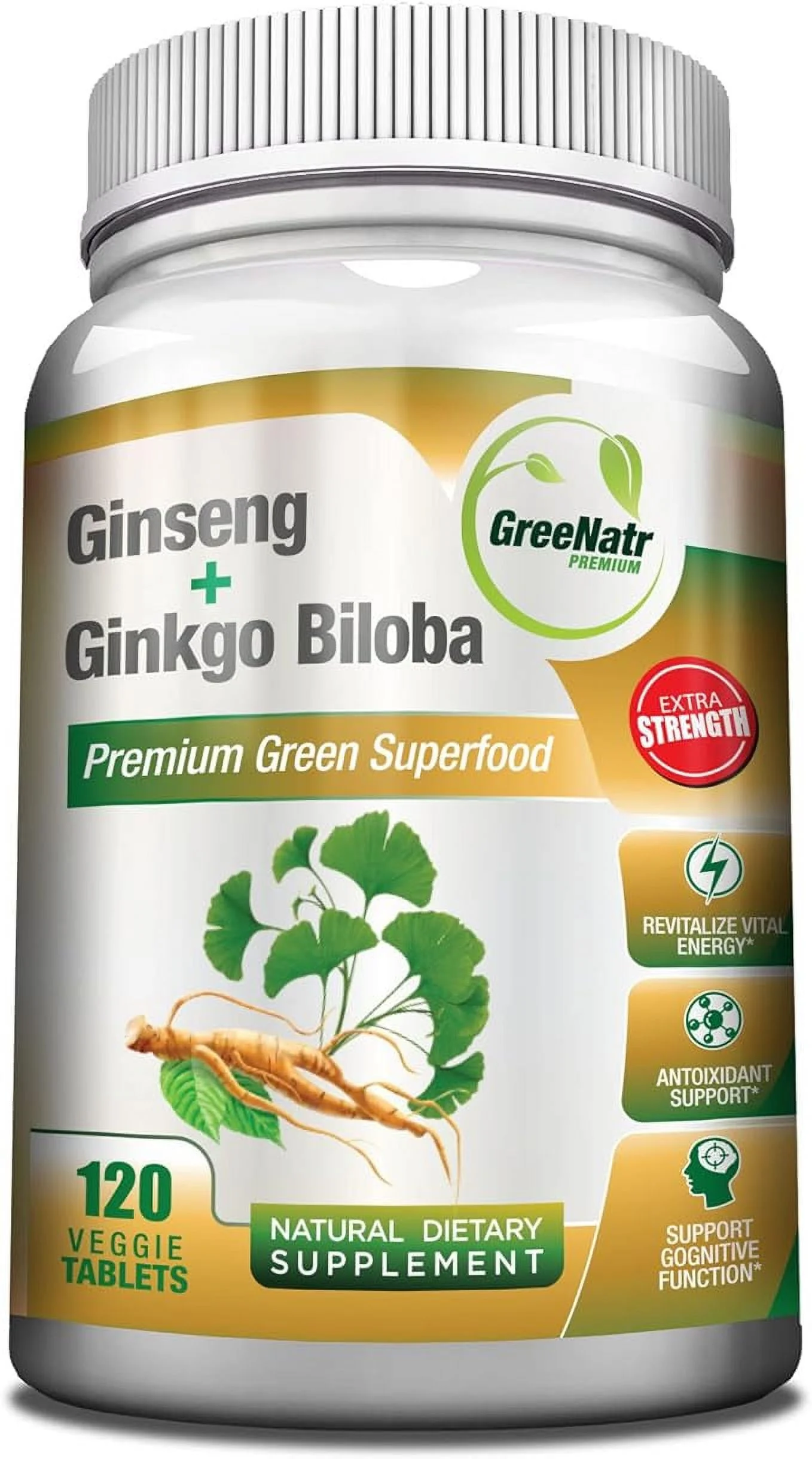 Panax Ginseng + Ginkgo Biloba Tablets - Premium Non-GMO/Veggie Superfood - Traditional Energy Booster and Brain Sharpener (120 Tablets)