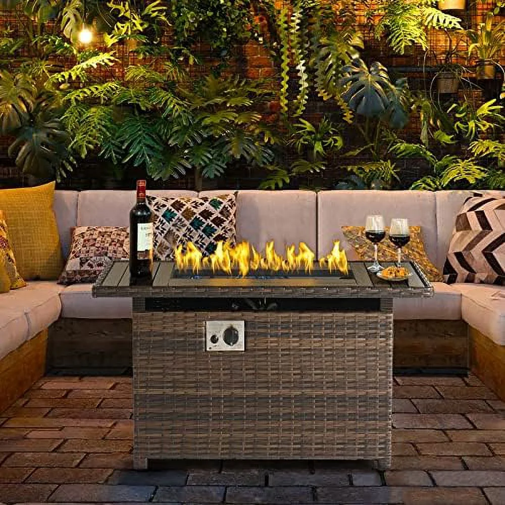 HBLUKDL Propane Fire Pit Table with   40 in CSA Propane Fire Table Rectangular  Auto Ignition Gas Fire Pit for Outside Patio Deck  Oxford Cover  Brown Wicker