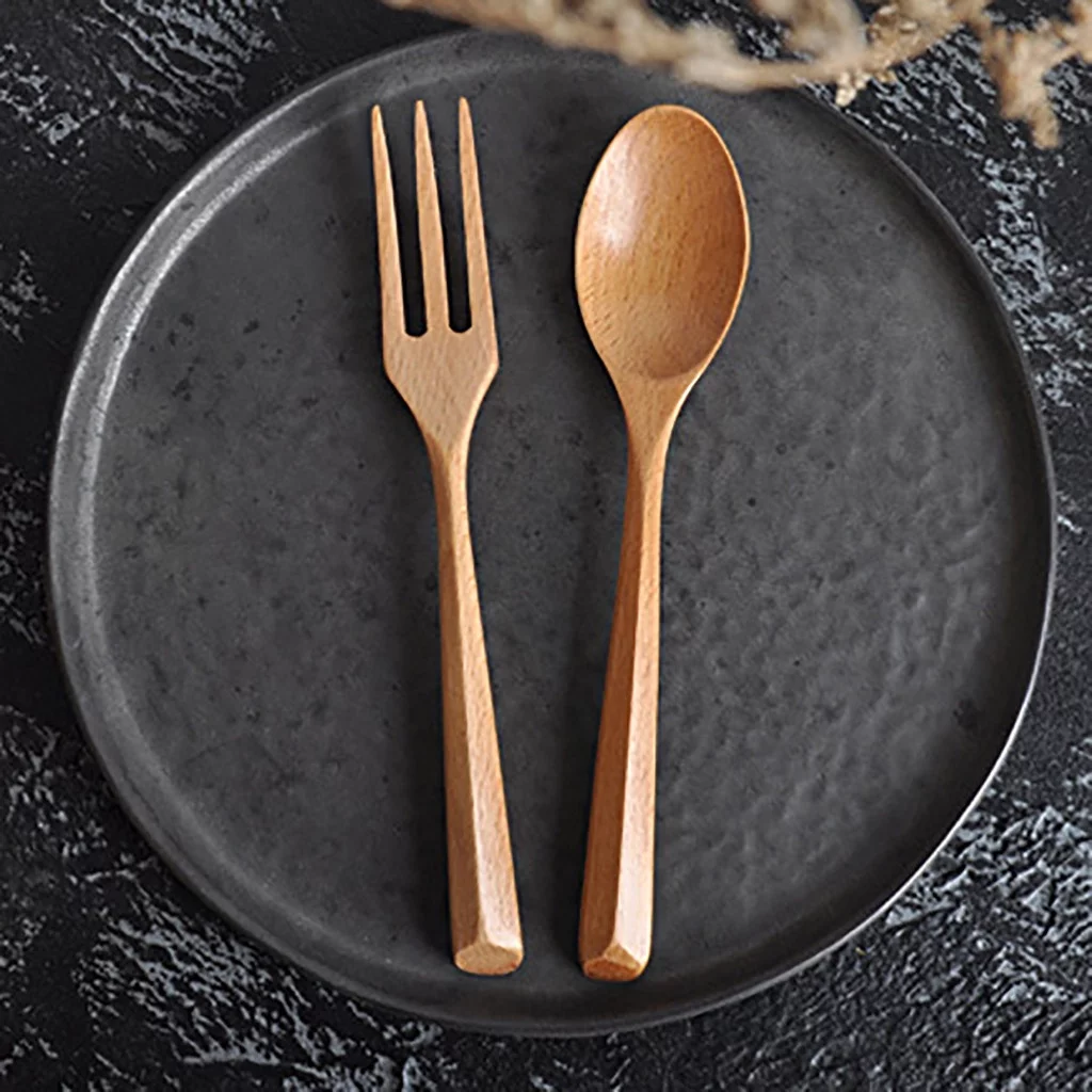 Dining Table Set for 4 Portable Wooden Reusable Fork Spoon Flatware Tableware Set Natural Solid Color 40Th Birthday Gifts Men