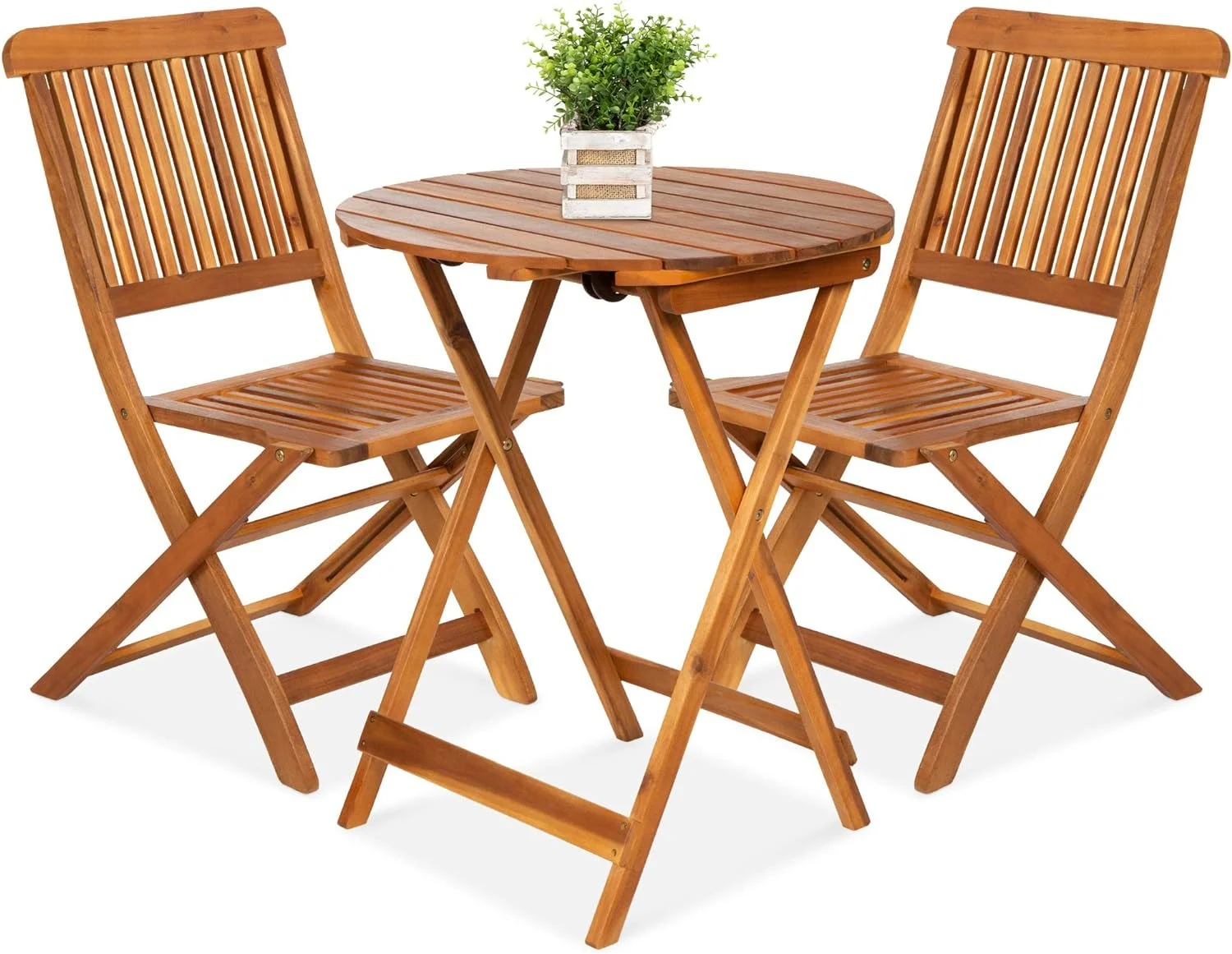 Stylish Acacia Wood Bistro Dining Set Teak Finish Folding Chairs Round Coffee Table Perfect for Outdoors - Natural Balcony Patio Furniture