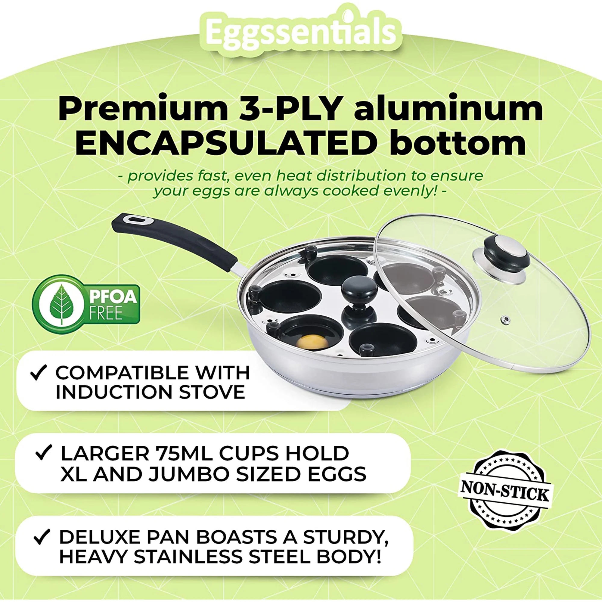 Eggssentials Stainless Steel Egg Poacher Pan Non Stick Poached Egg Cooker with Spatula and 6 Extra Cups