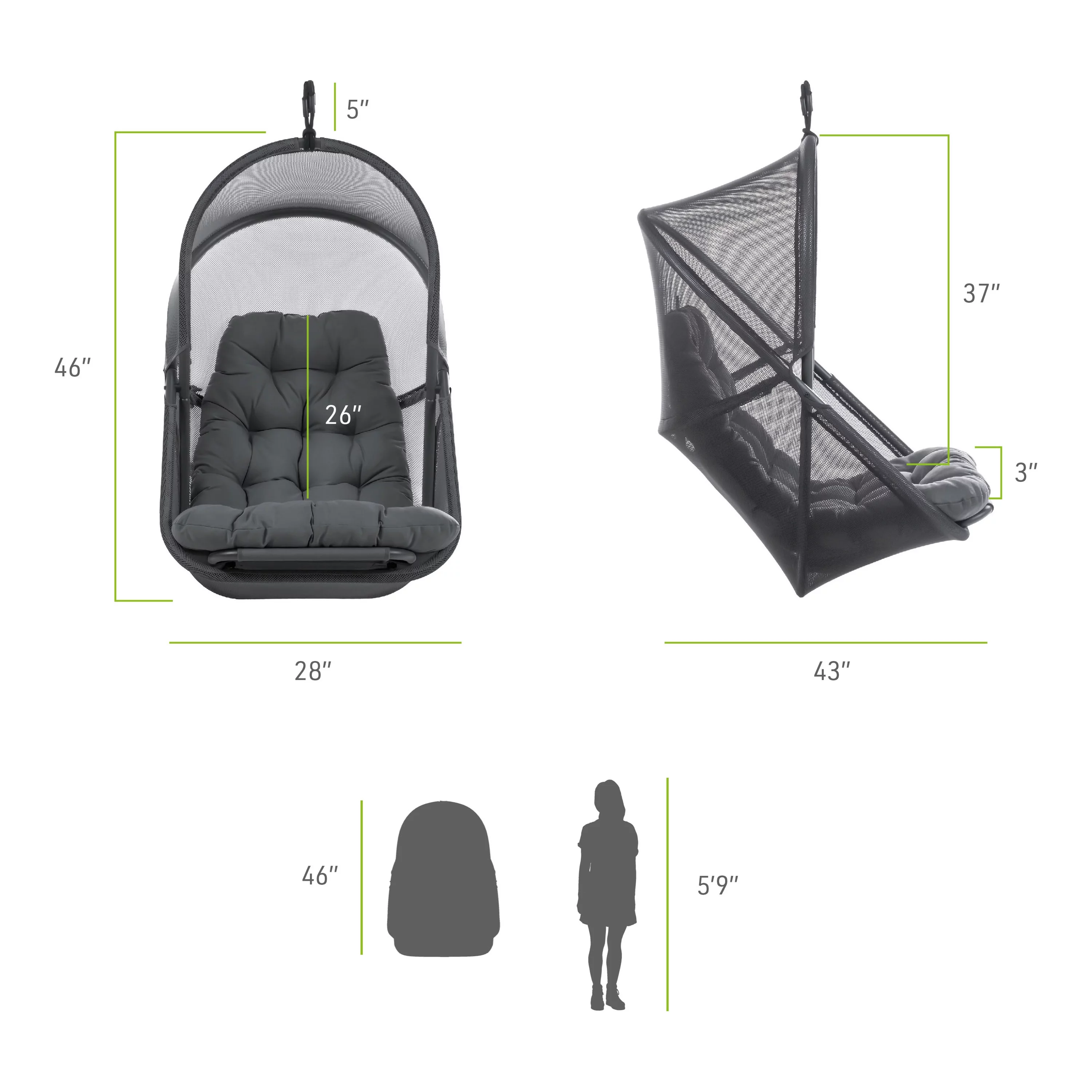 Furniture of America Drift UV-Resistant Patio Foldable Swing Chair with Cushion, Dark Gray