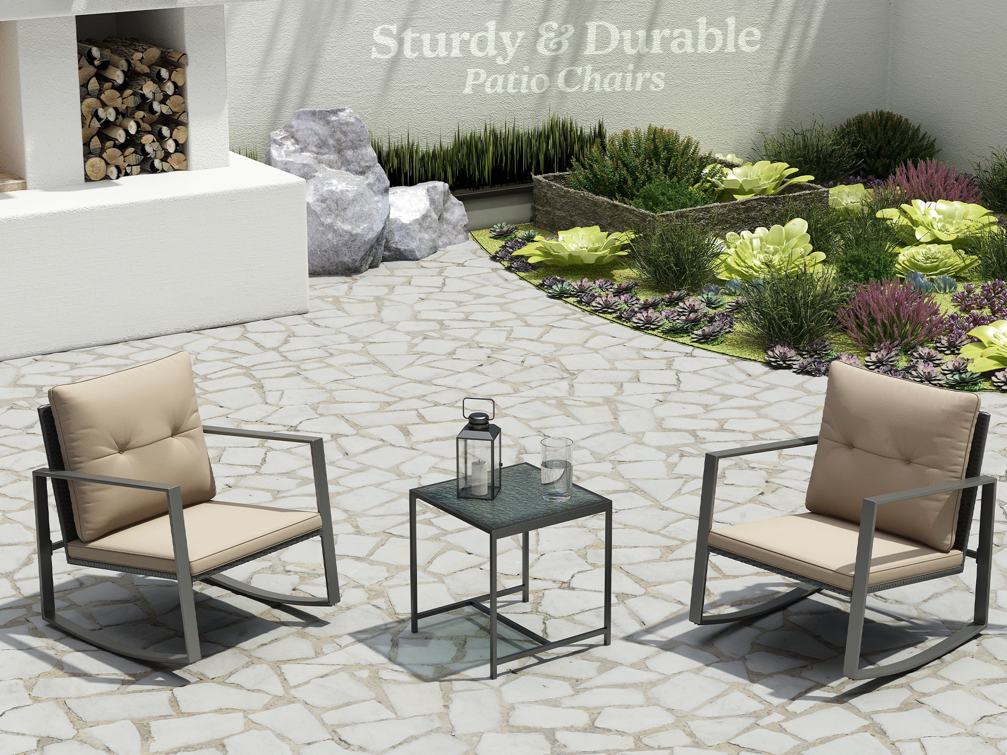Riley 3-Piece Patio Modern Furniture Set - A Solid Glass Coffee Table WithTwo Plush Cushioned Chairs - Coffee/ Off-white