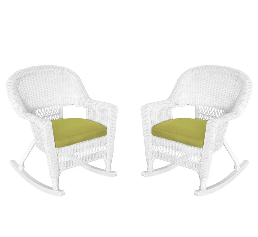 Jeco W00206R-B_2-FS029 White Rocker Wicker Chair With Sage Green Cushion- Set Of 2