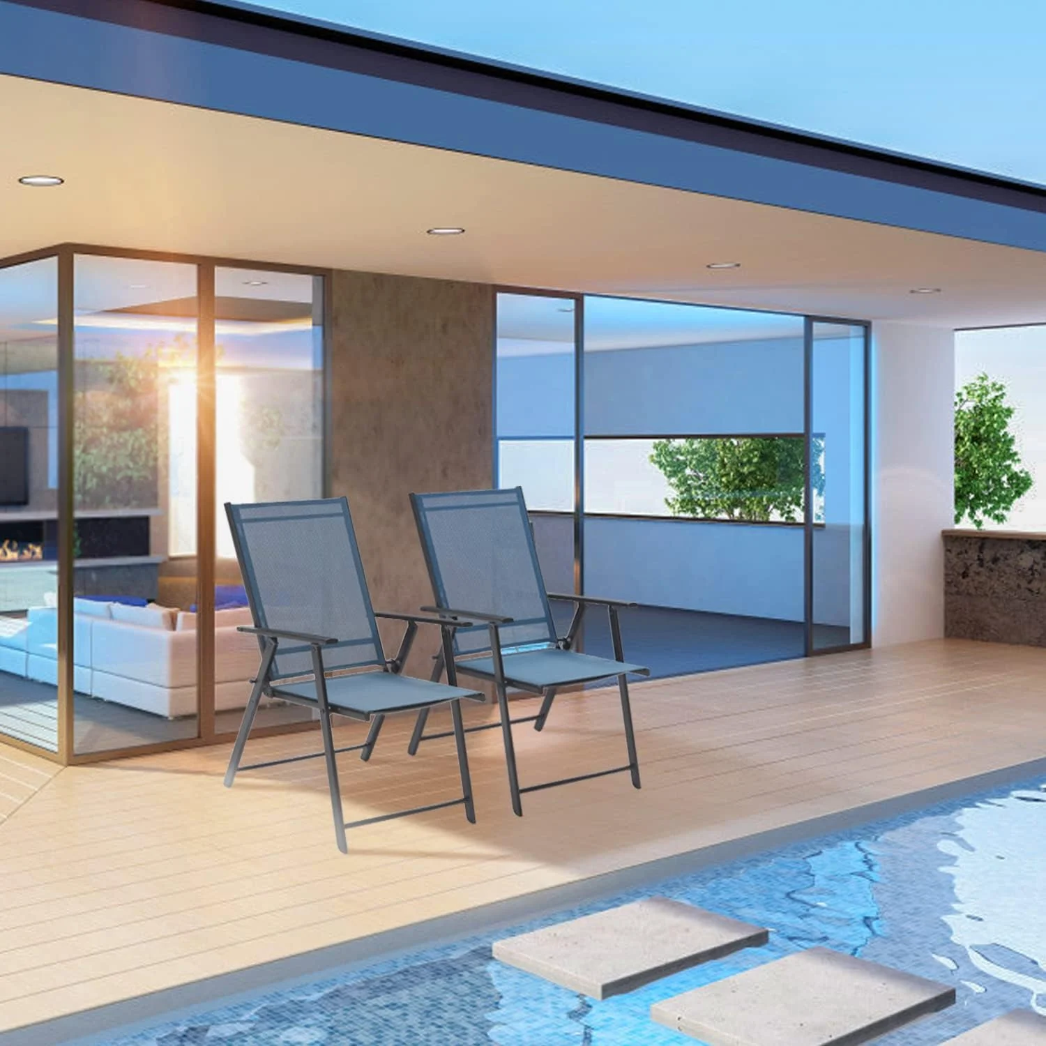 VICLLAX Outdoor Folding Chair, Portable Patio Chair, Set of 2 Patio Dining Chairs, Stackable Lawn/Camping Chair- 2 Pack, Dark Blue