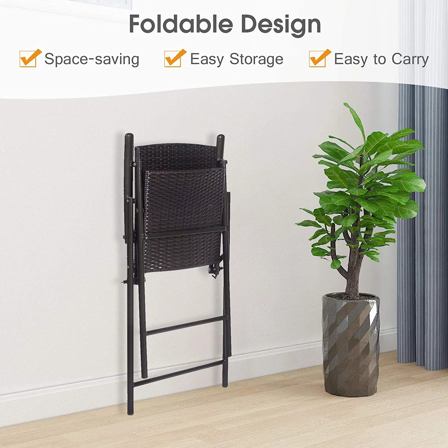 QUGDXVBN Folding Wicker Rattan  Chairs Set of 4 Tall Stool with Back Steel Frame Armrests and Footrest  Stools Garden Patio  Set