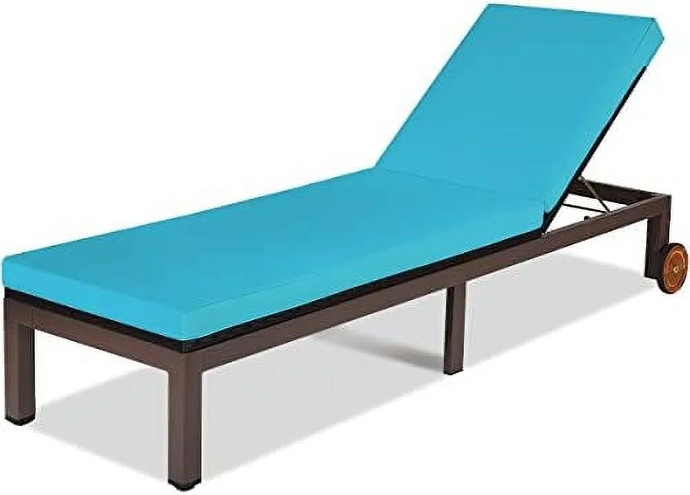 AEFRGHS Patio Chaise Lounge Chair Outdoor Rattan Lounger Recliner Chair Adjustable Position Folding Wicker Lounge Chair with Cushion & Wheels for Garden Patio Poolside