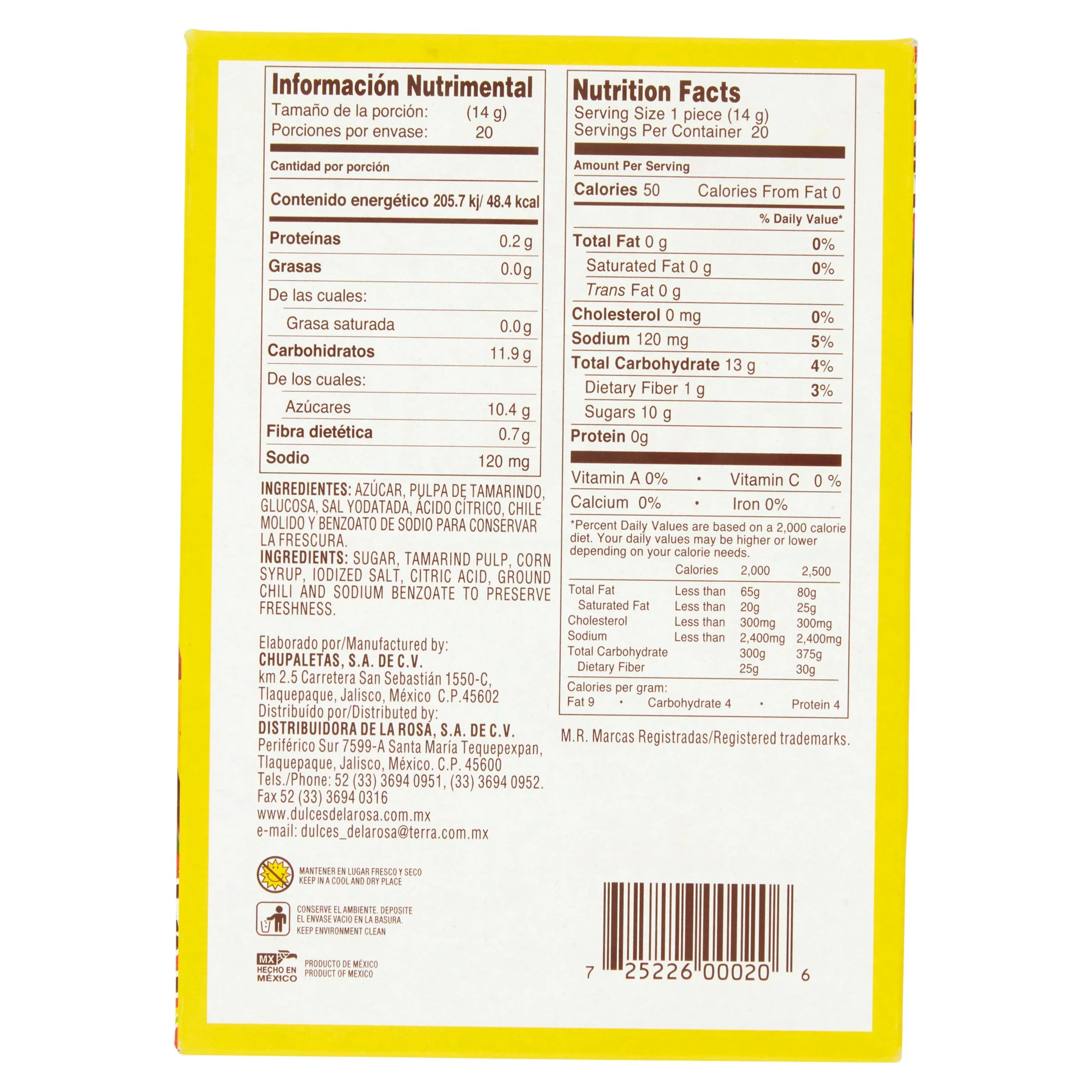 De La Rosa Pulparindo Tamarind Candy, Original Hot and Salted Mexican Candy, 20 Count