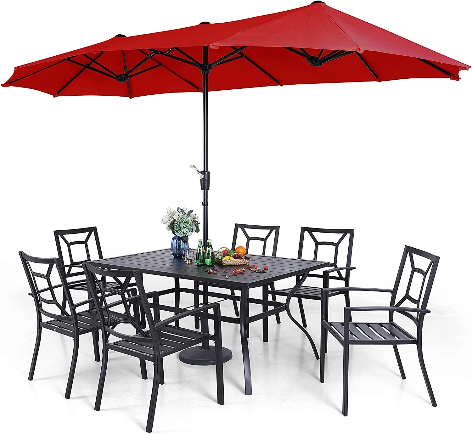 VILLA 5 Piece Patio Dining Set with 10ft Umbrella  37" Square Metal Dining Table & 4 Stacking Metal Chair with 3 Tier Navy Umbrella for Outdoor  Deck  Yard  Porch