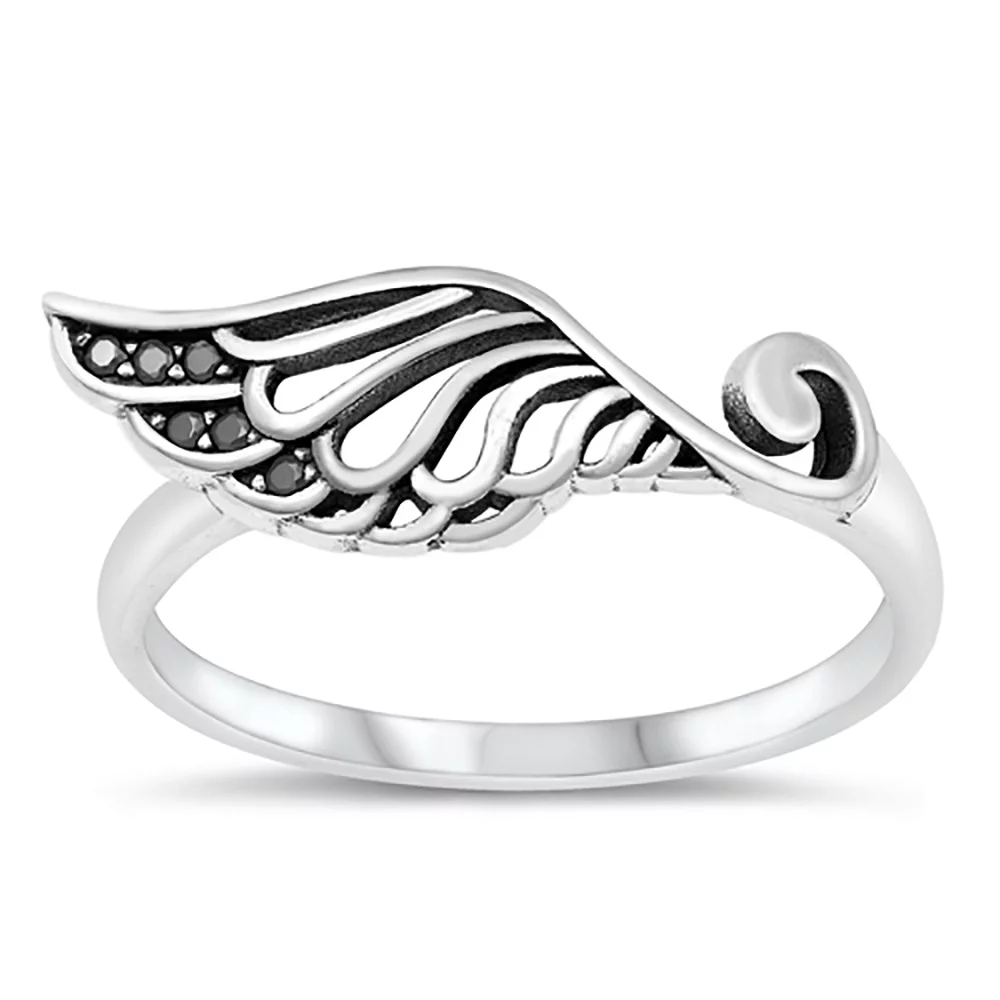 All in Stock Sterling Silver Black Cubic Zirconia Divine Angel Wing Ring Size 7