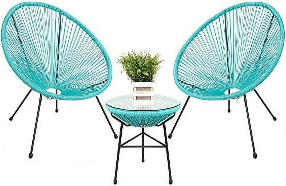 GVJMTKP 3-Piece Outdoor Acapulco All-Weather Patio Conversation  w/Plastic Rope  Glass Top Table and 2 Chairs - Black