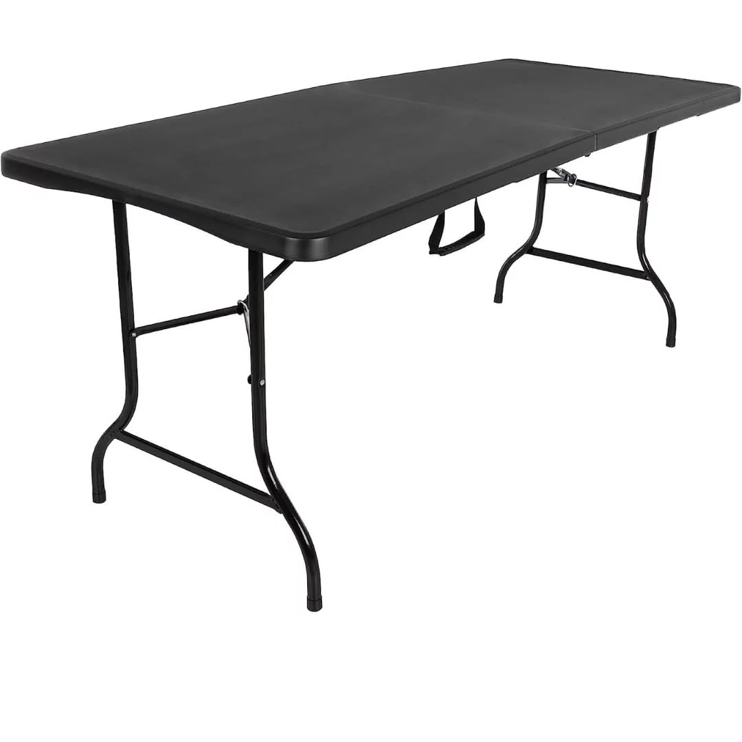 New Home Era 6-Foot Folding Table - 6 ft Plastic Folding Table for Picnics, Parties, Camping � Outdoor Table - Bi-Fold Rectangular Design � Lightweight and Durable - Black
