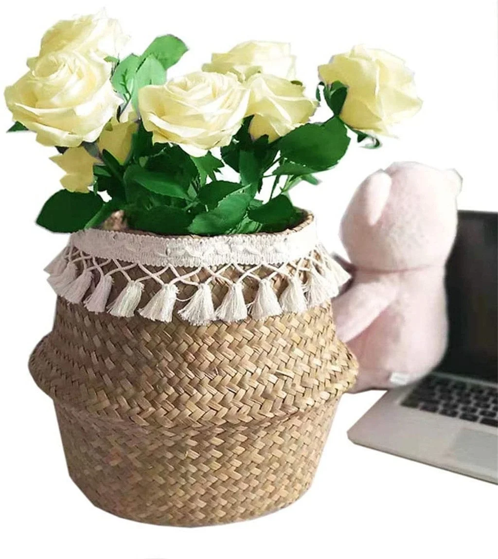 iju7gthy Flower Pots 4th of July Indoor Folding Storage Basket Rattan Straw Wicker Flower Pot Seagrasss Gardens