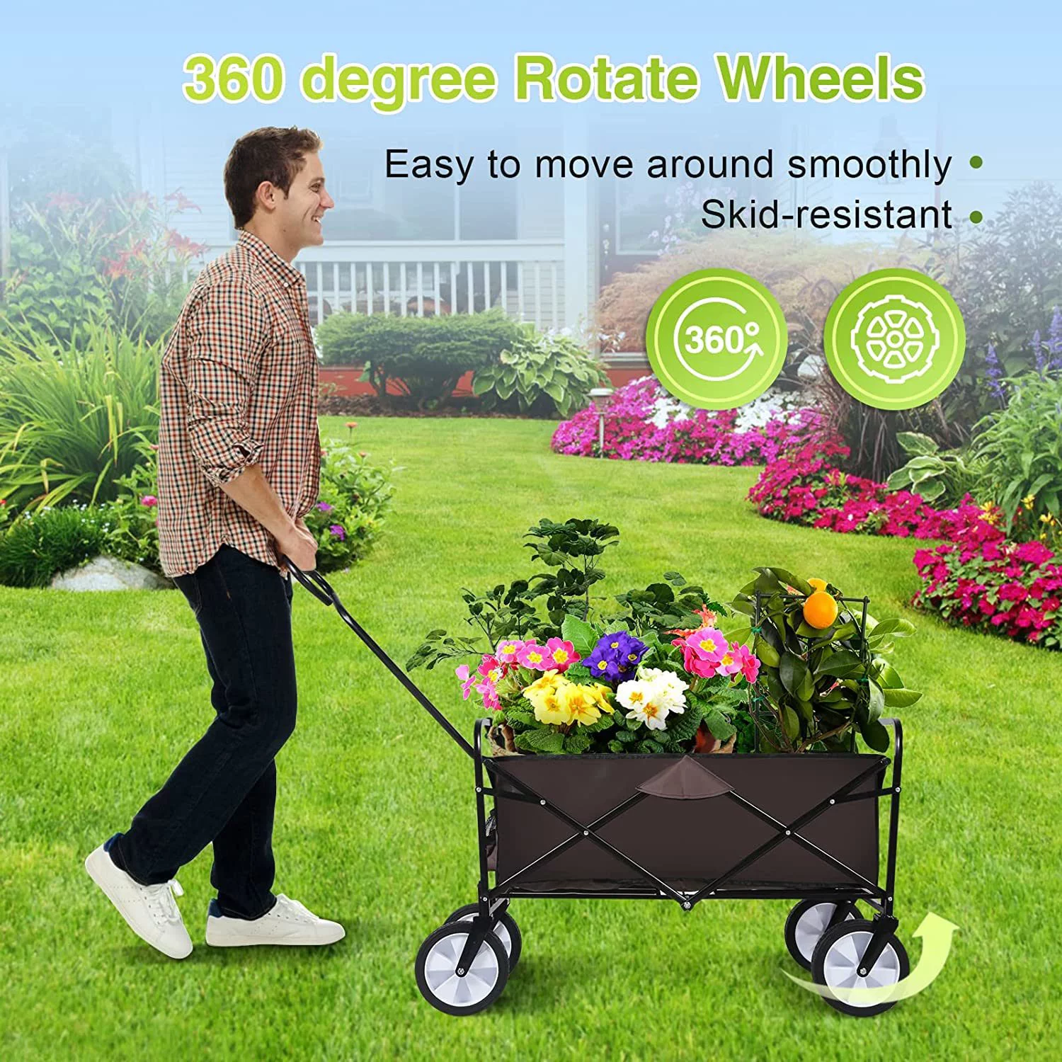 YSSOA Rolling Collapsible Garden Cart Camping Wagon Degree Swivel Wheels