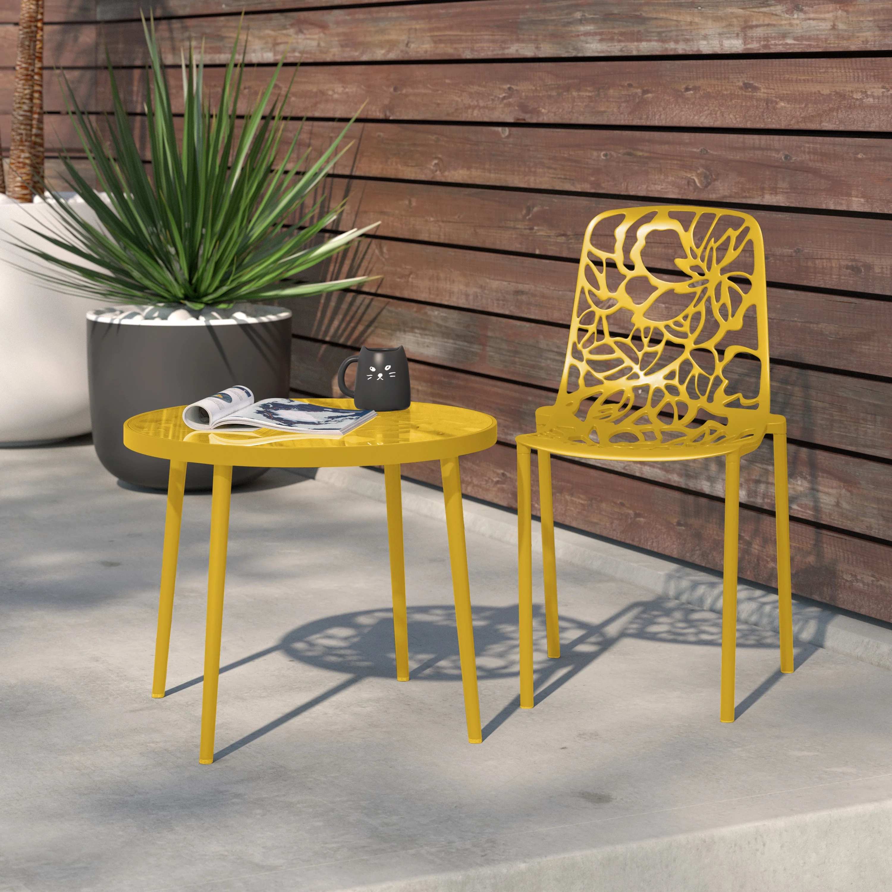 LeisureMod Devon Modern Aluminum Outdoor Dining Chair in Yellow
