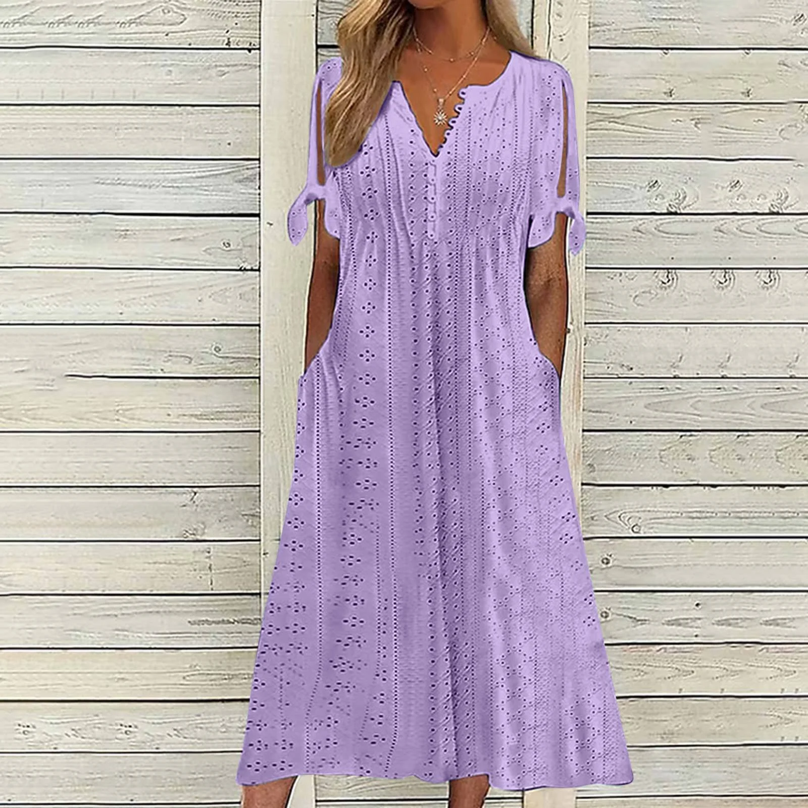 Summer Jean Skirt Women'S Casual Pleated Dress Solid Lace Hollow Button Pocket Dress Bow Short Sleeve V Neck Midi Dress Maxi Skirt