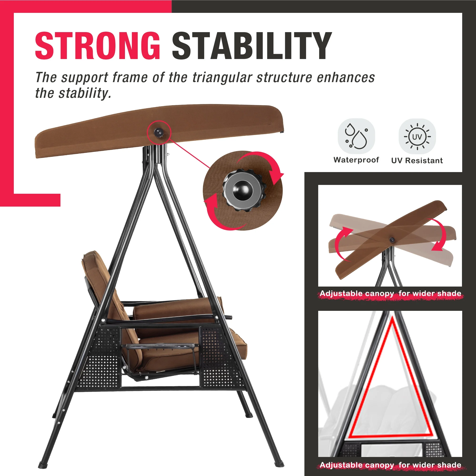 3-Person Brown Metal Patio Swing with Canopy and Cushions