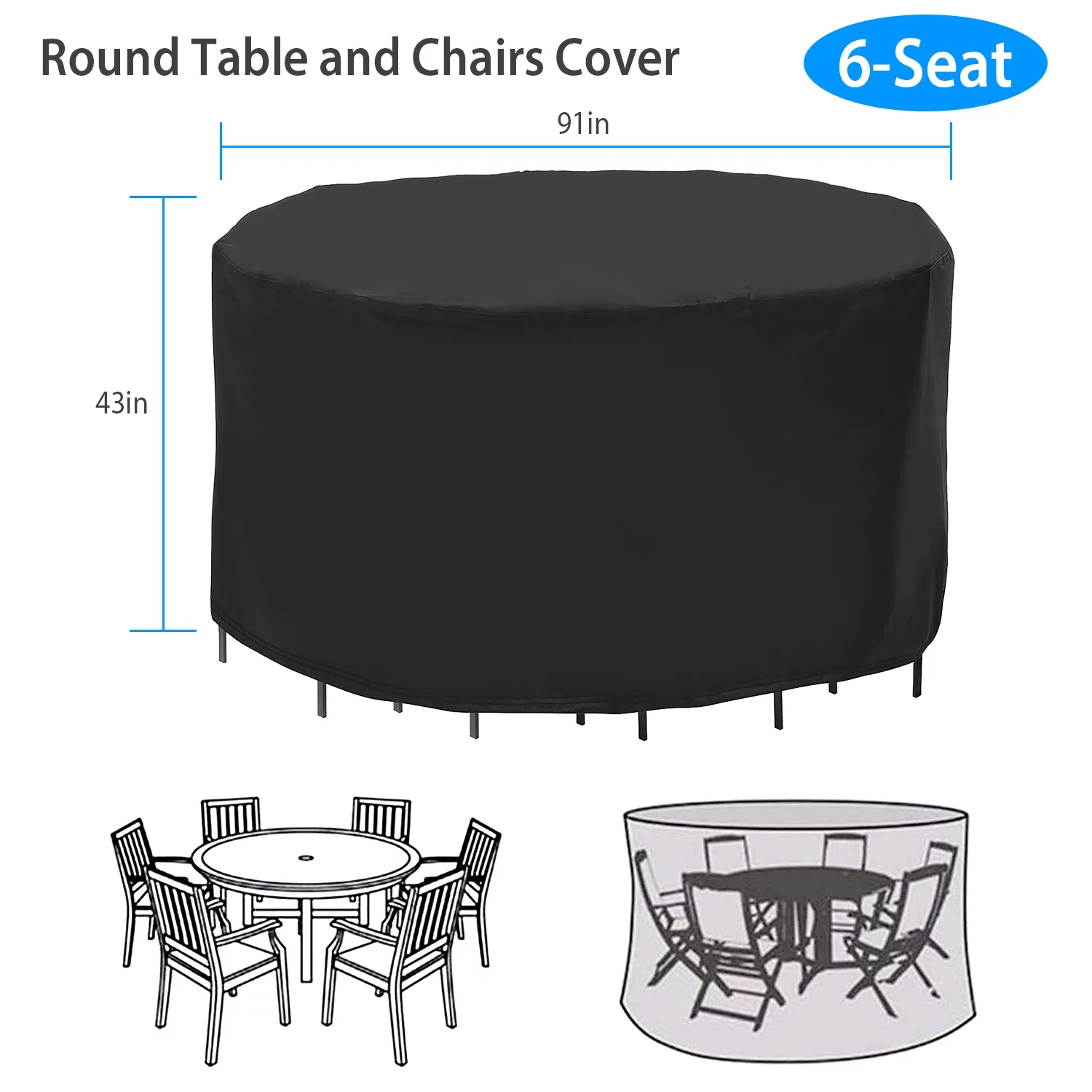 iMounTEK Furniture Cover, 91x43in Round Table Cover 6 Seat UV Waterproof Resistant Outdoor Furniture Protector for Small Round Table Chairs Set