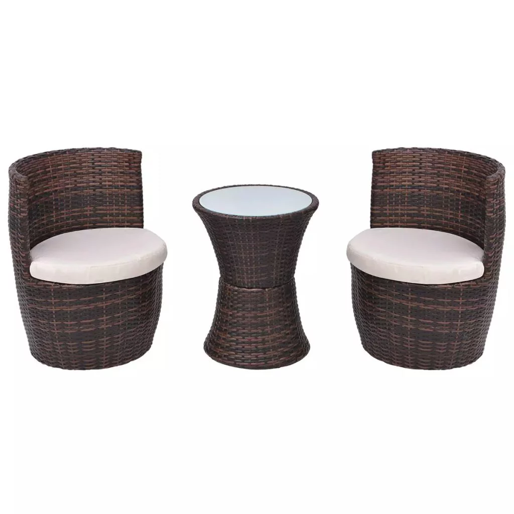3 Piece Bistro Set with Cushions Poly Rattan Brown