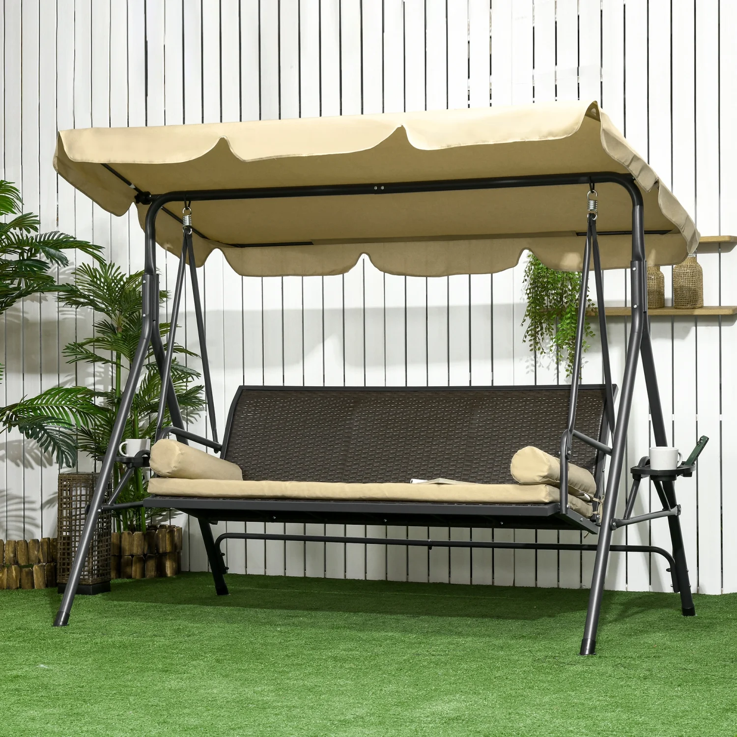 YLtoohoom 3-Seat Patio  Chair  Outdoor Canopy  Glider with Removable Cushion  Pillows  Adjustable Shade  and Rattan Seat  for Porch  Garden  Poolside  Backyard
