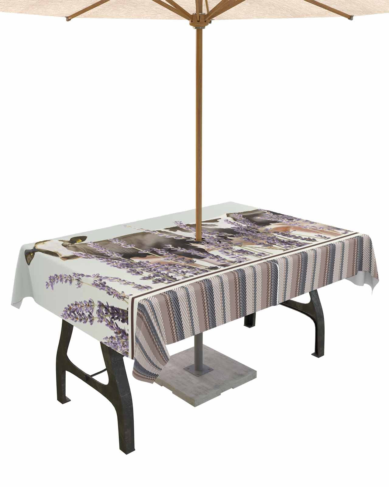 Outdoor Tablecloth with Umbrella Hole, Farm Cows Purple Lavender Stripes Pattern Green Waterproof Picnic Table Cover, Zippered Rectangle&nbsp;Table Cloth for Patio&nbsp;Party Garden, 60”x84”