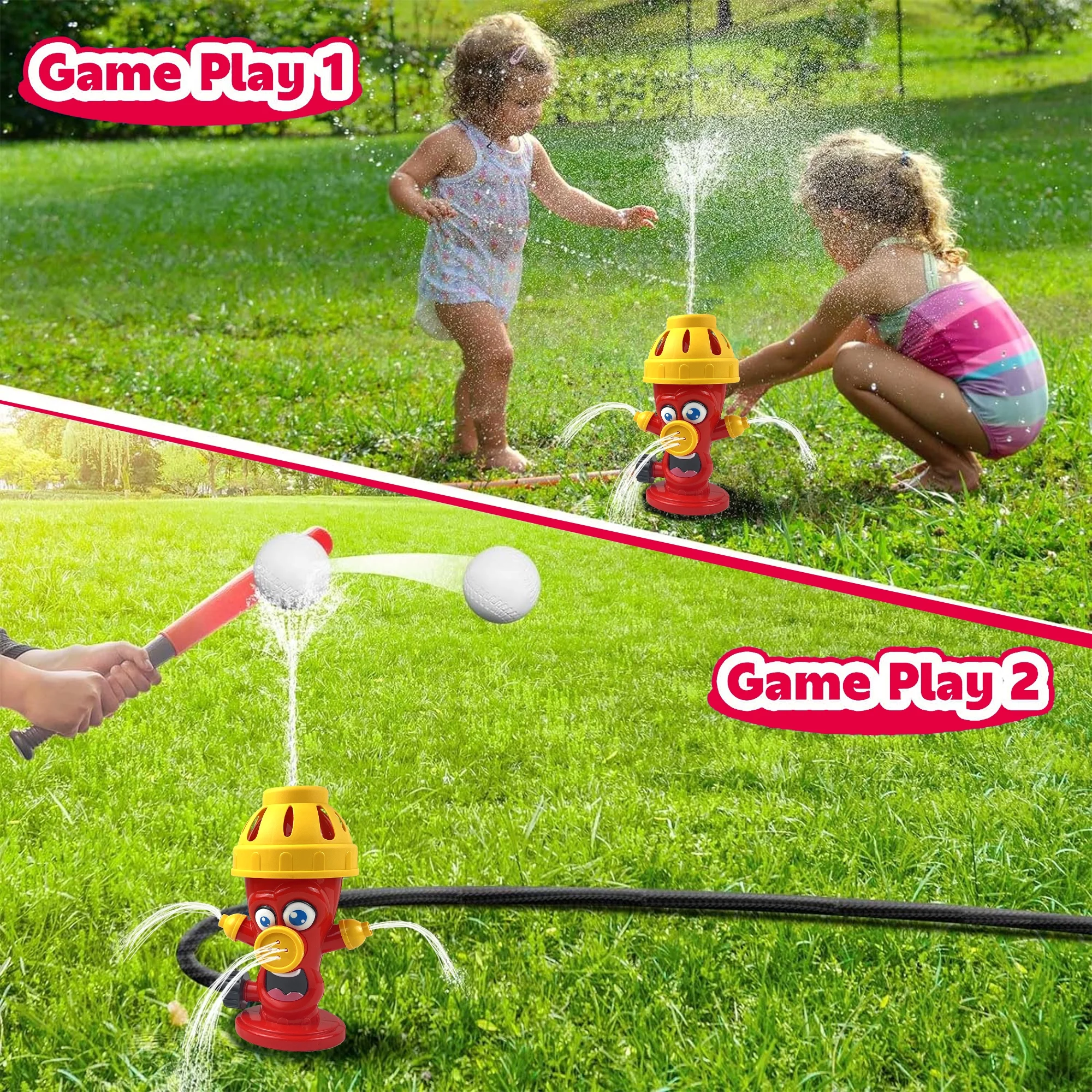 Richgv Water Spray Sprinkler Toys with Baseball Play Set, Outdoor Summer Kids Toys Attaches to Garden Hose Backyard Splashing Toys for Boys Girls 3+