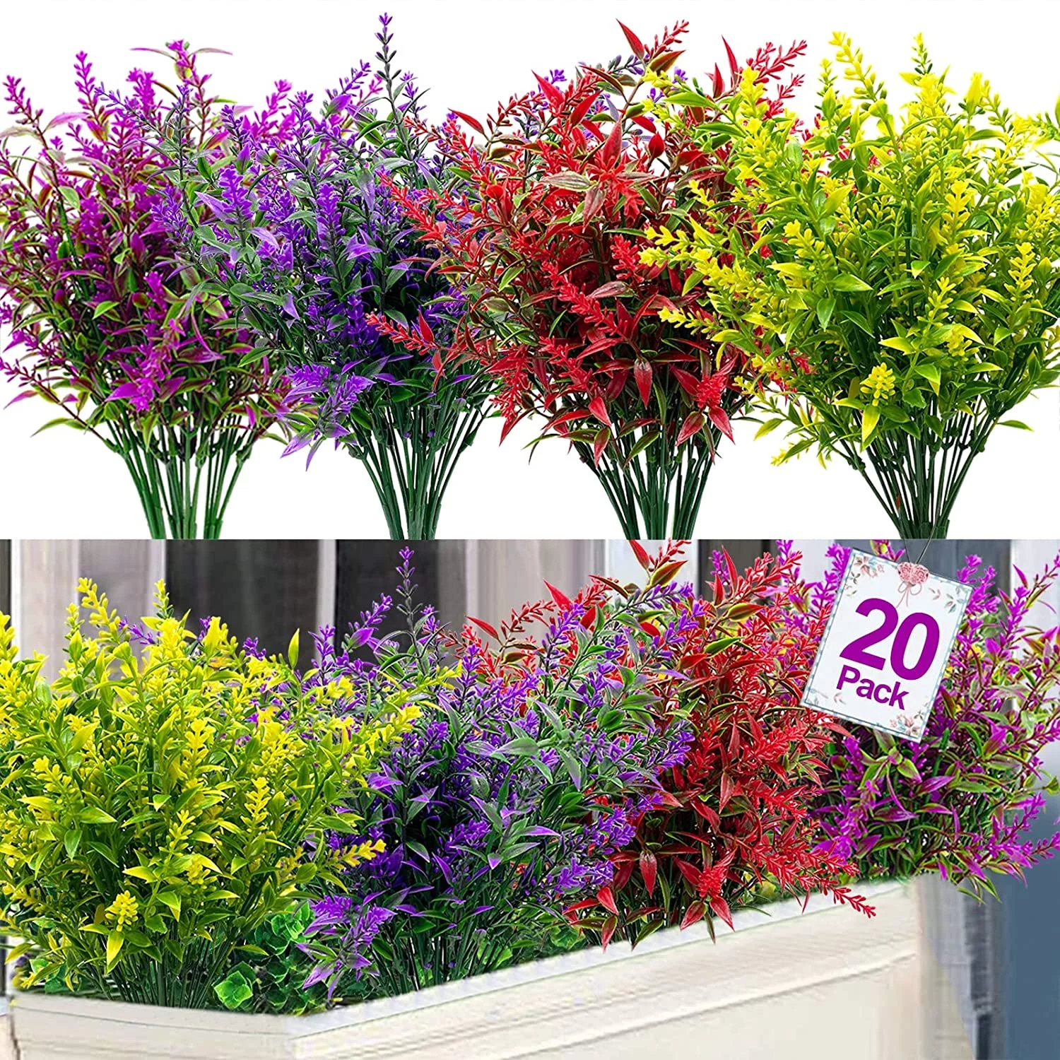 Asisol 20 Bundles Artificial Lavender Outdoor UV Resistant Flowers Plastic Fake Flowers Plants, Artificial Flowers Faux Plants for Outdoor Hanging Planter Home Decor(Mix-colored)