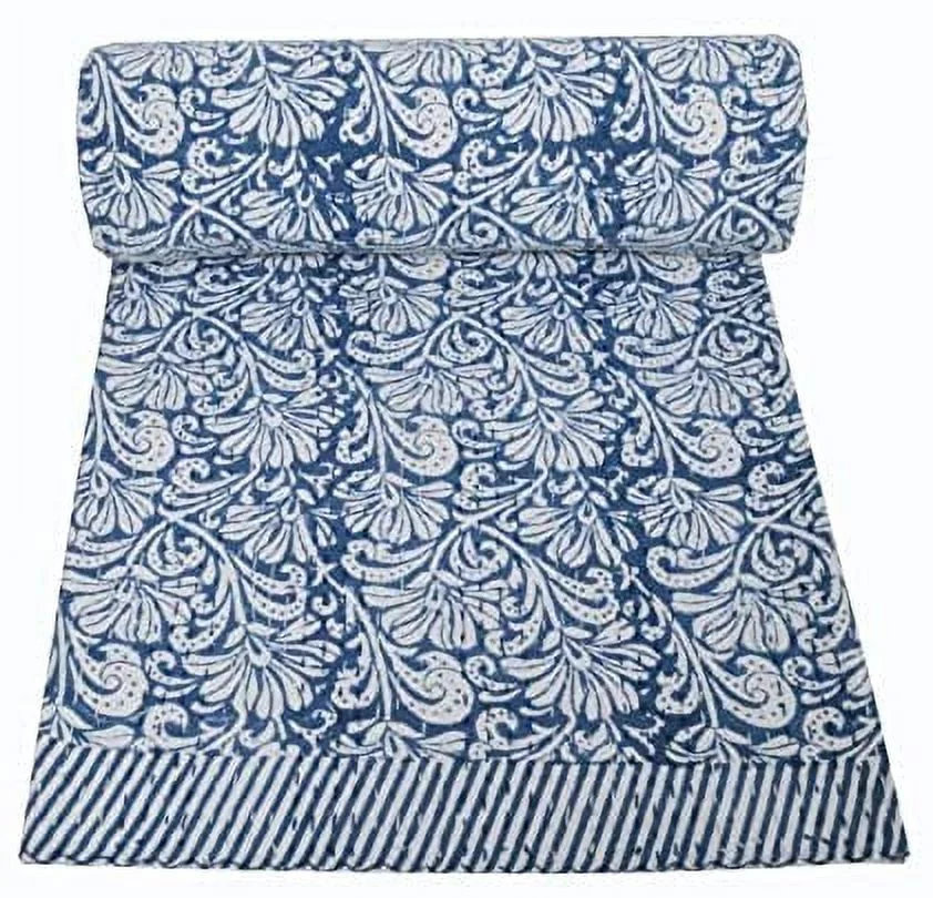 New Hand Block Print Kantha Quilt Queen Size Kantha Bedspread Cotton Quilt Indian Quilt Blanket Throw Queen Quilt