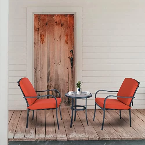 Outdoor Porch Patio Set Chairs & Round Glass Table All-Weather Cushion Bistro Furniture, Orange