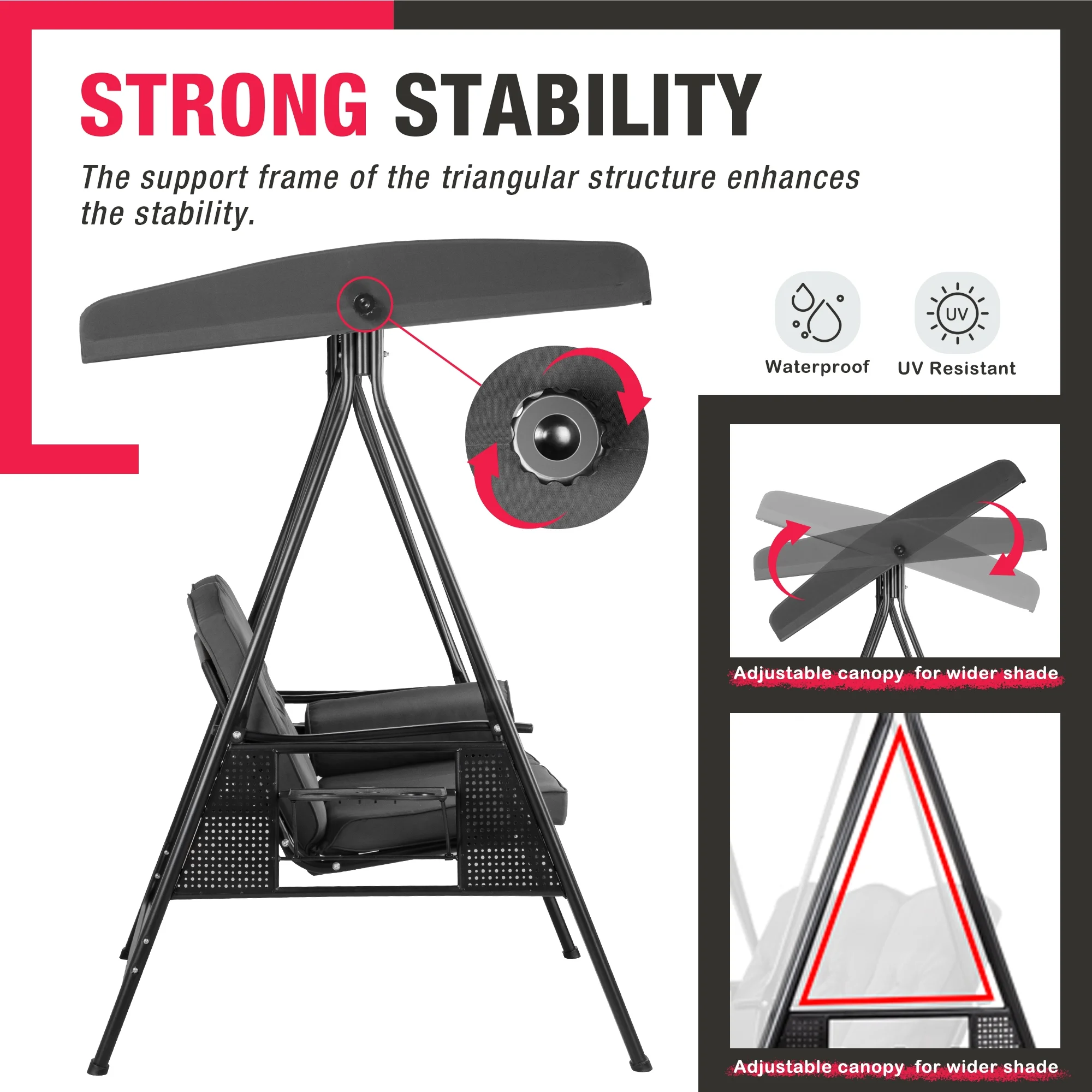 2-Person Gray Metal Patio Swing with Canopy and Cushion