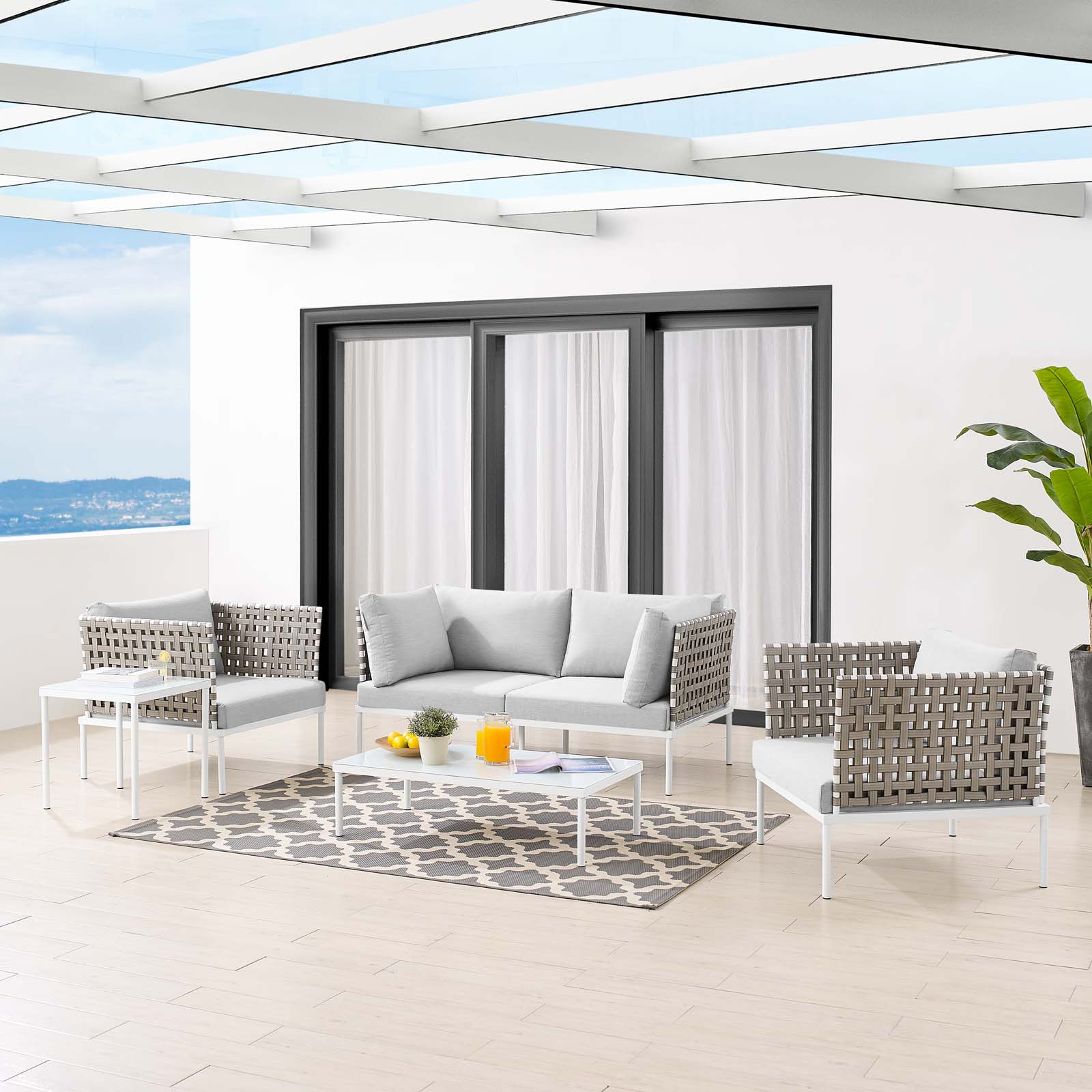 Lounge Sectional Sofa Chair Table Set, Sunbrella, Aluminum, Metal, Steel, Grey Gray, Modern Contemporary Urban Design, Outdoor Patio Balcony Cafe Bistro Garden Furniture Hotel Hospitality