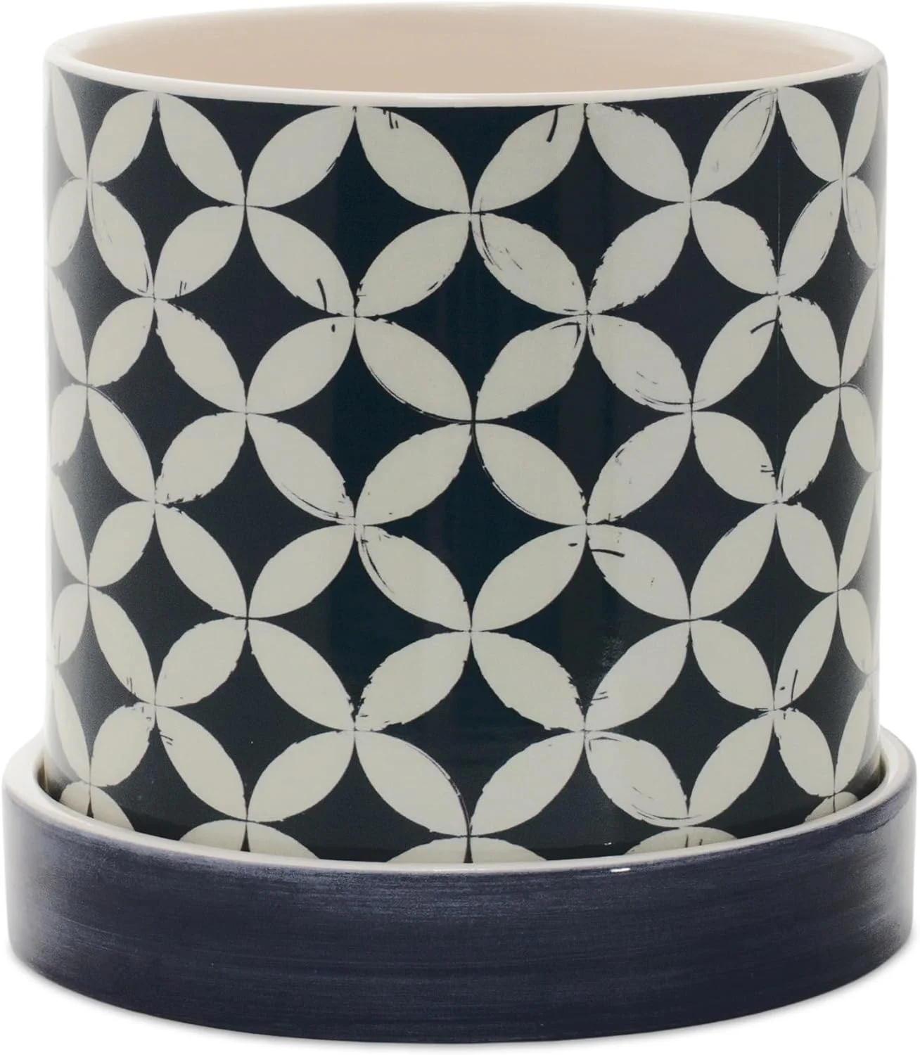 Geometric Pattern Planter with Plate (Set of 2) Blue Mid-Century Modern Round Stone