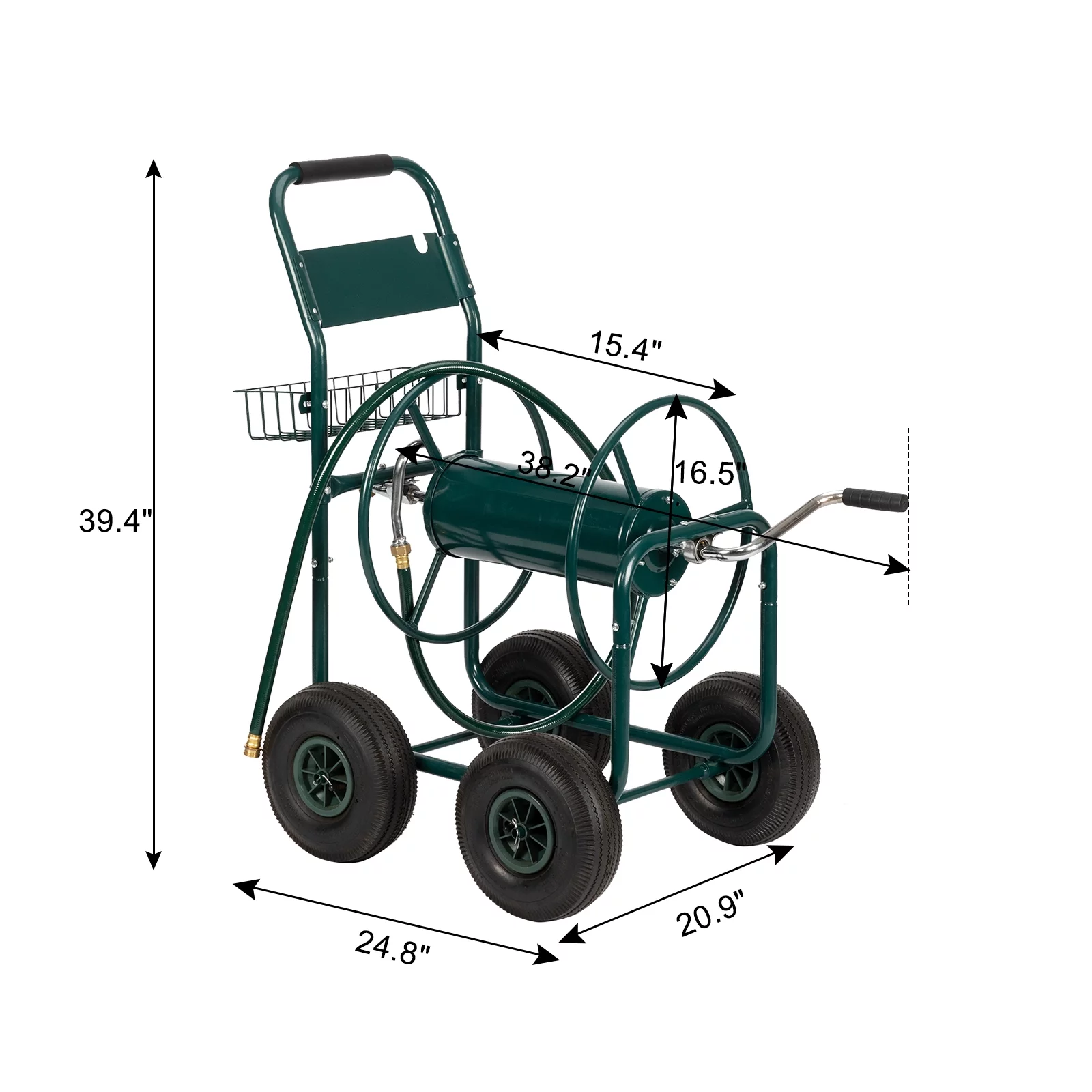 Yard Garden Water Hose Reel Cart Iron Four-Wheel Pipe Truck Dark, Green