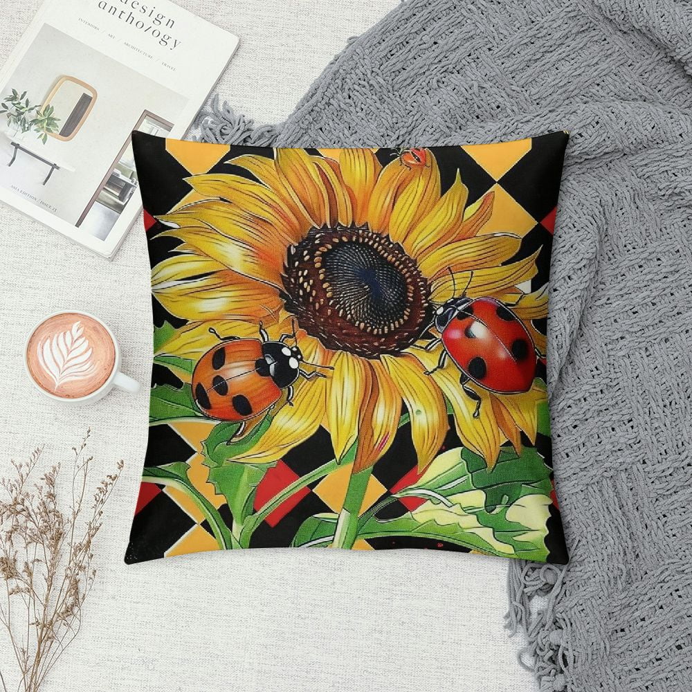 PRATYUS  Cute Ladybug Cushion Covers Yellow Sunflower Rustic Plant Throw Pillow Covers for Outdoors Chair Office Black White Geometric Grid Cushion Case for Bedroom Car Party Couch